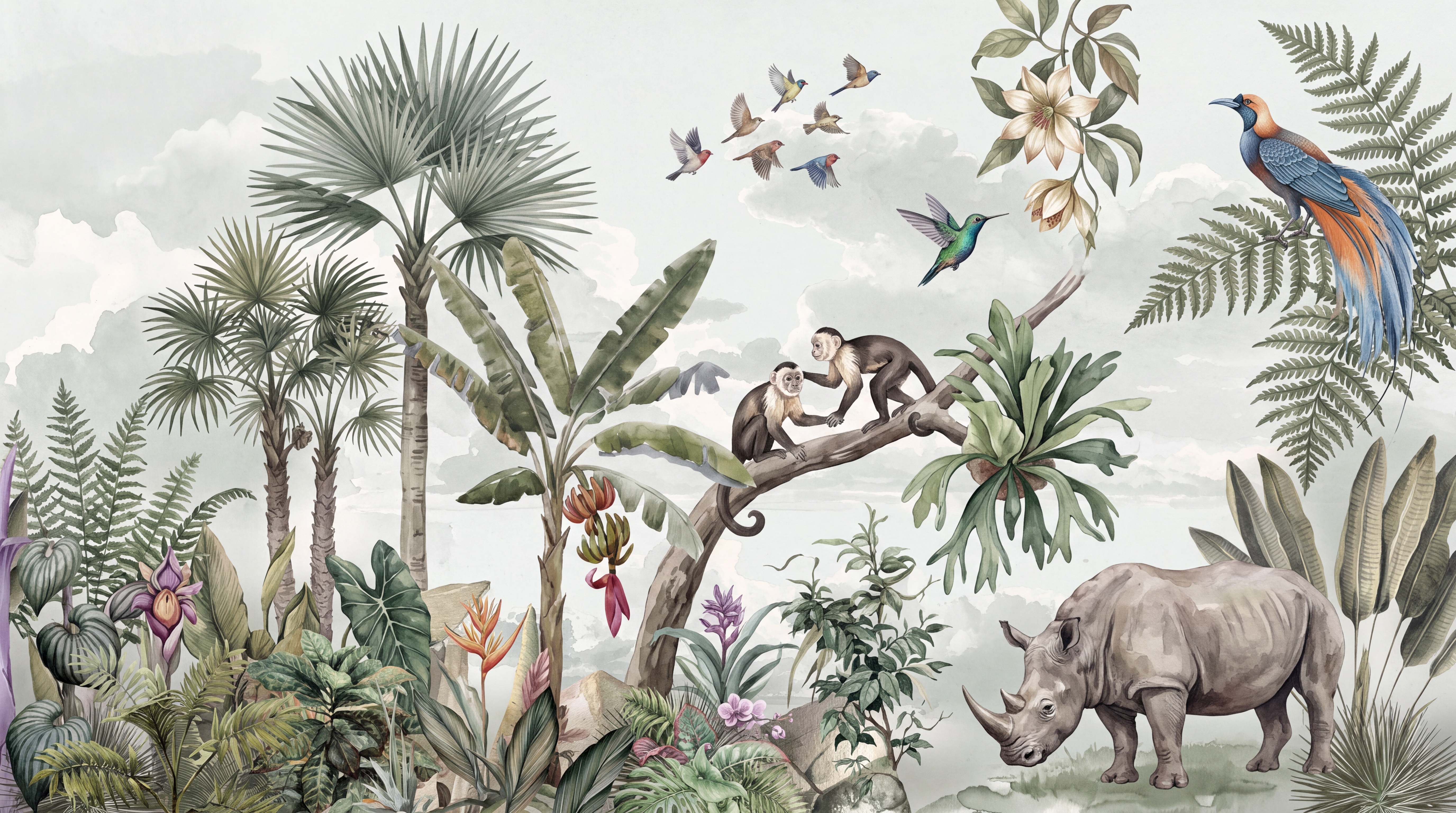 Sage Safari Scenic Toile Wallpaper Mural Feature-wall-wallpaper-murals, Peel-and-stick Finish