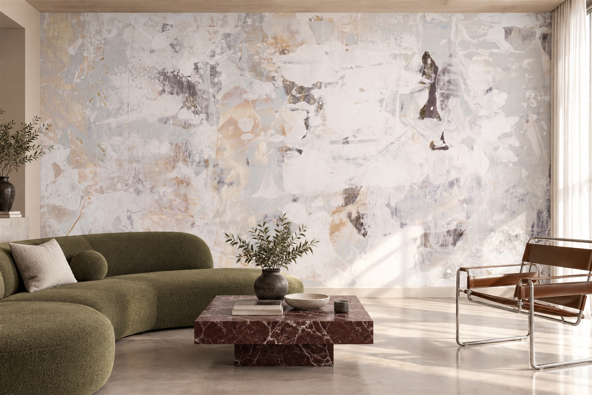 Ivory Textured Plaster And Gold Wash Wallpaper Mural — Wallpaper Mural Design, Peel-and-stick Finish