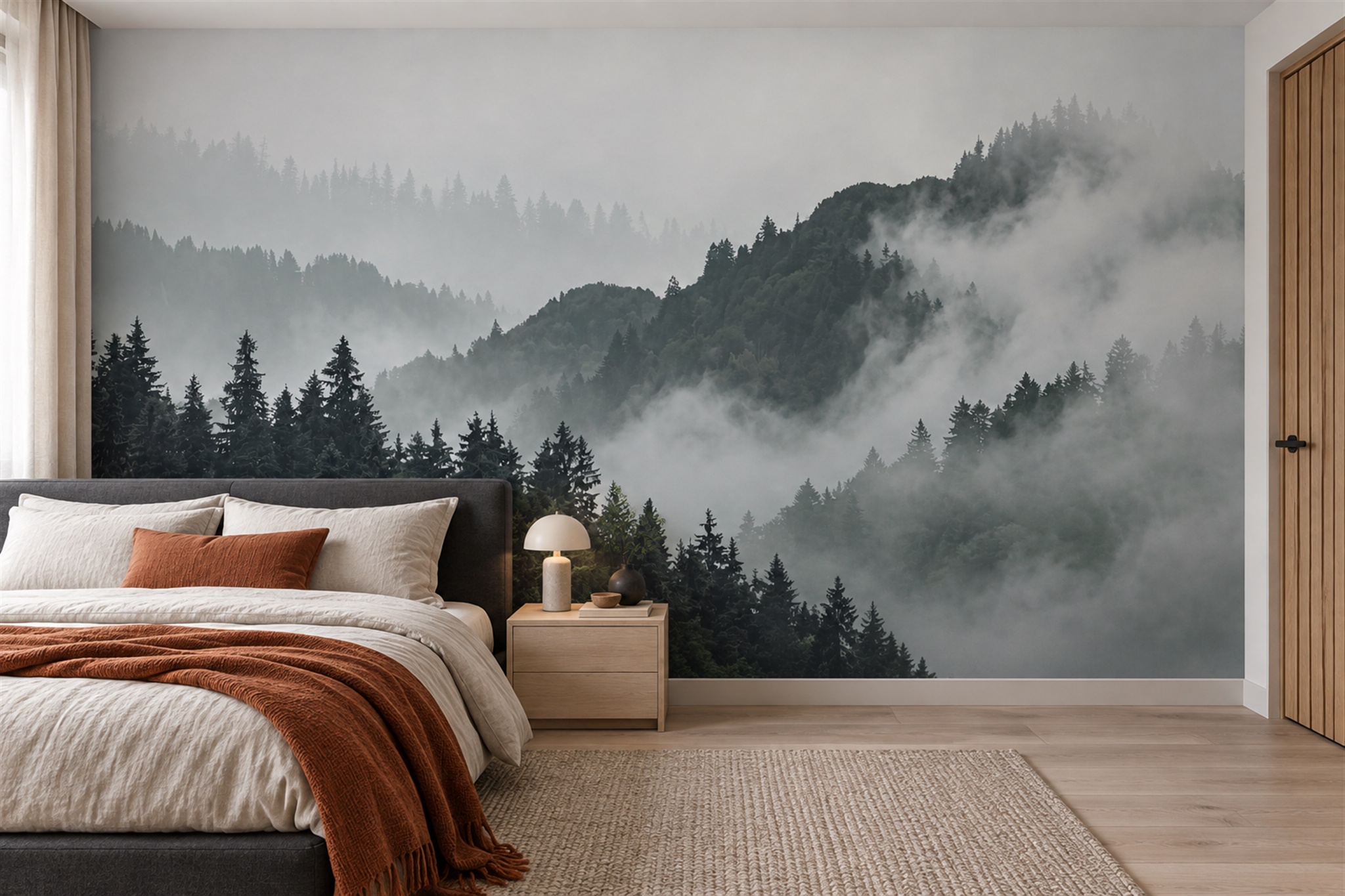 Grey Mist Mountain And Pine Forest Wallpaper Mural — Installed Wallpaper Mural In A Bedroom, Peel-and-stick Finish