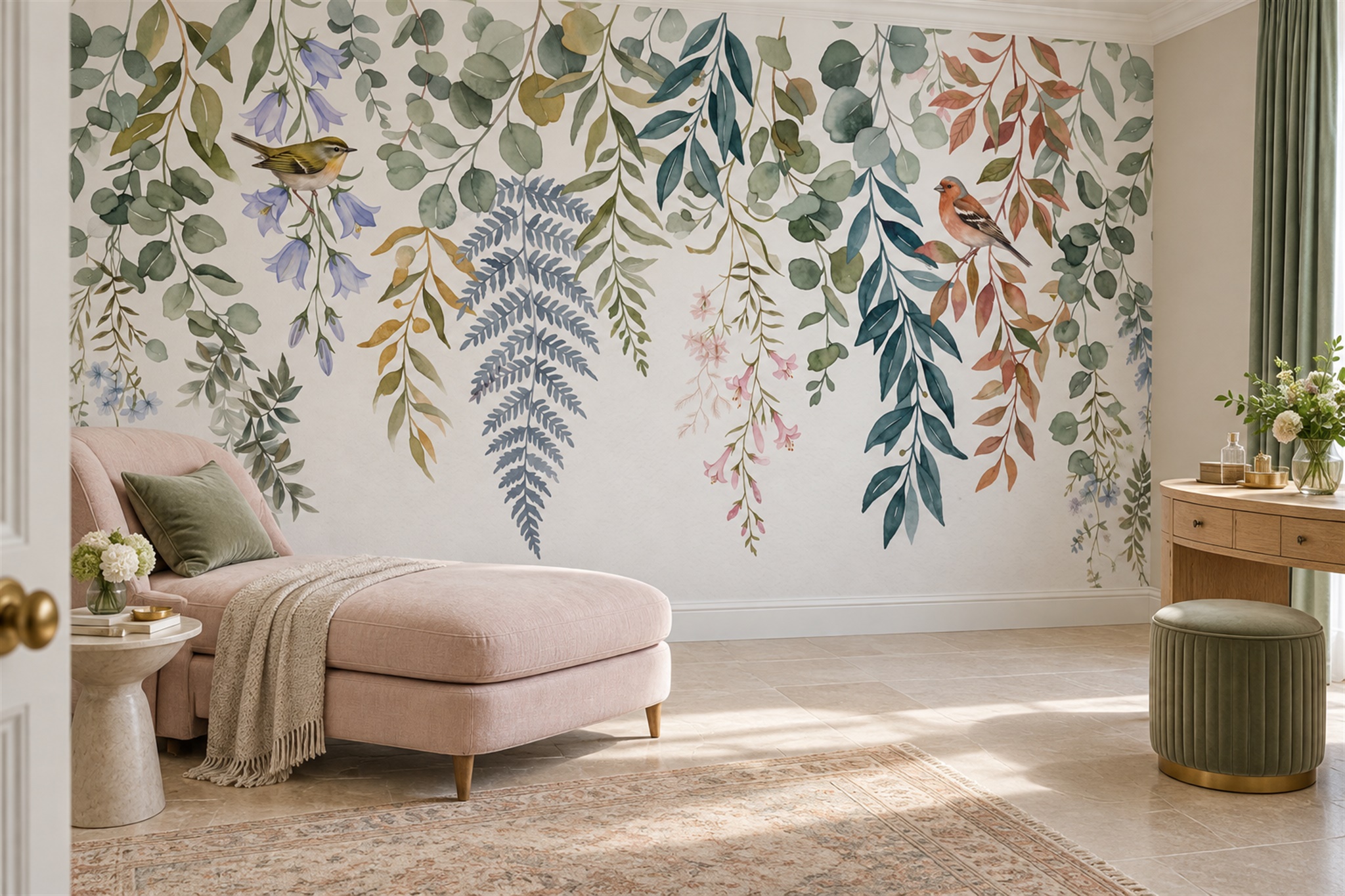 Sage Vine Botanical Organic Wallpaper Mural Accent-wall-wallpaper-murals, Peel-and-stick Finish