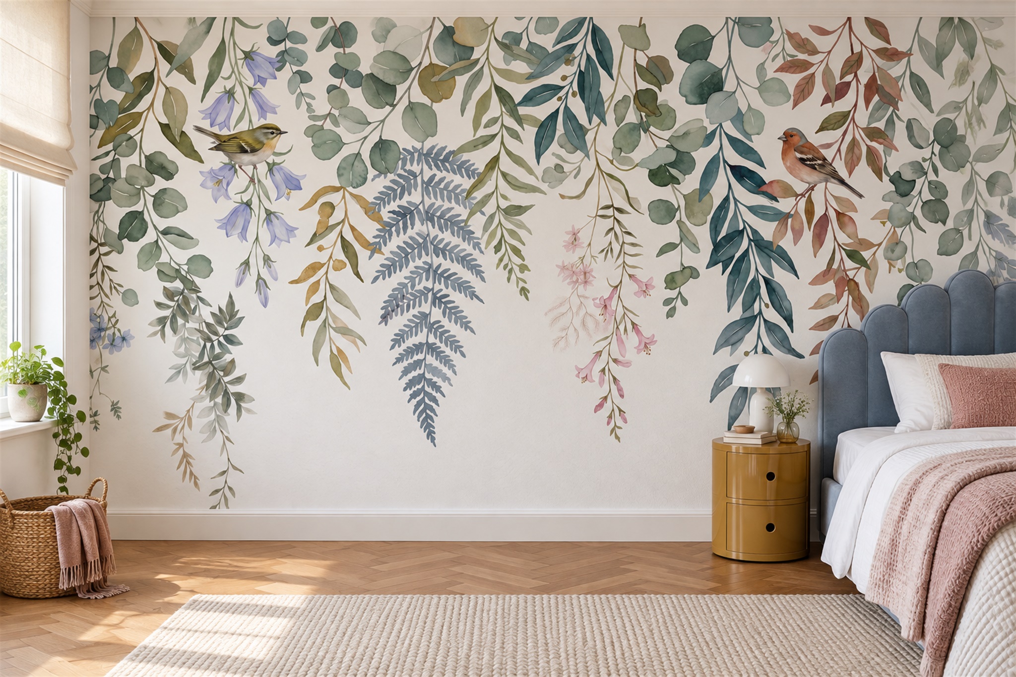 Watercolour Eucalyptus Vines And Garden Birds Wallpaper Mural — Installed Wallpaper Mural In A Bedroom, Peel-and-stick Finish