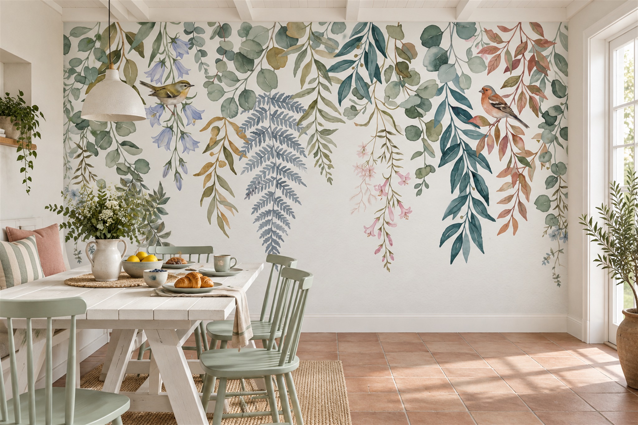 Sage Vine Botanical Organic Wallpaper Mural Dining-room-wallpaper-murals, Shown In A Dining Room, Peel-and-stick Finish