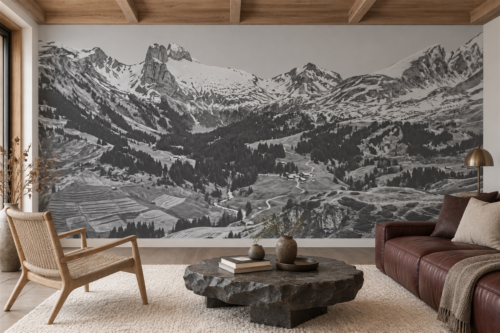 Grey Alpine Scenic Decorative Wallpaper Mural Living-room-wallpaper-murals, Peel-and-stick Finish