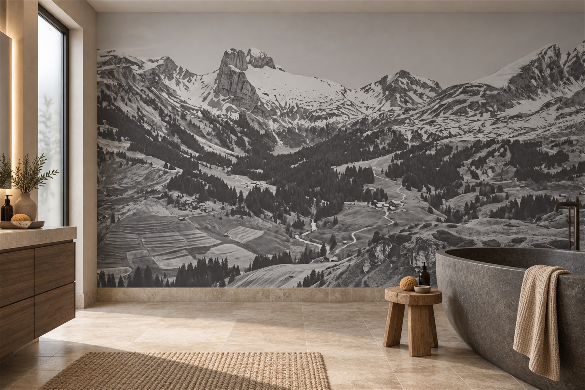 Grey Alpine Scenic Decorative Wallpaper Mural Bathroom-wallpaper-murals, Peel-and-stick Finish