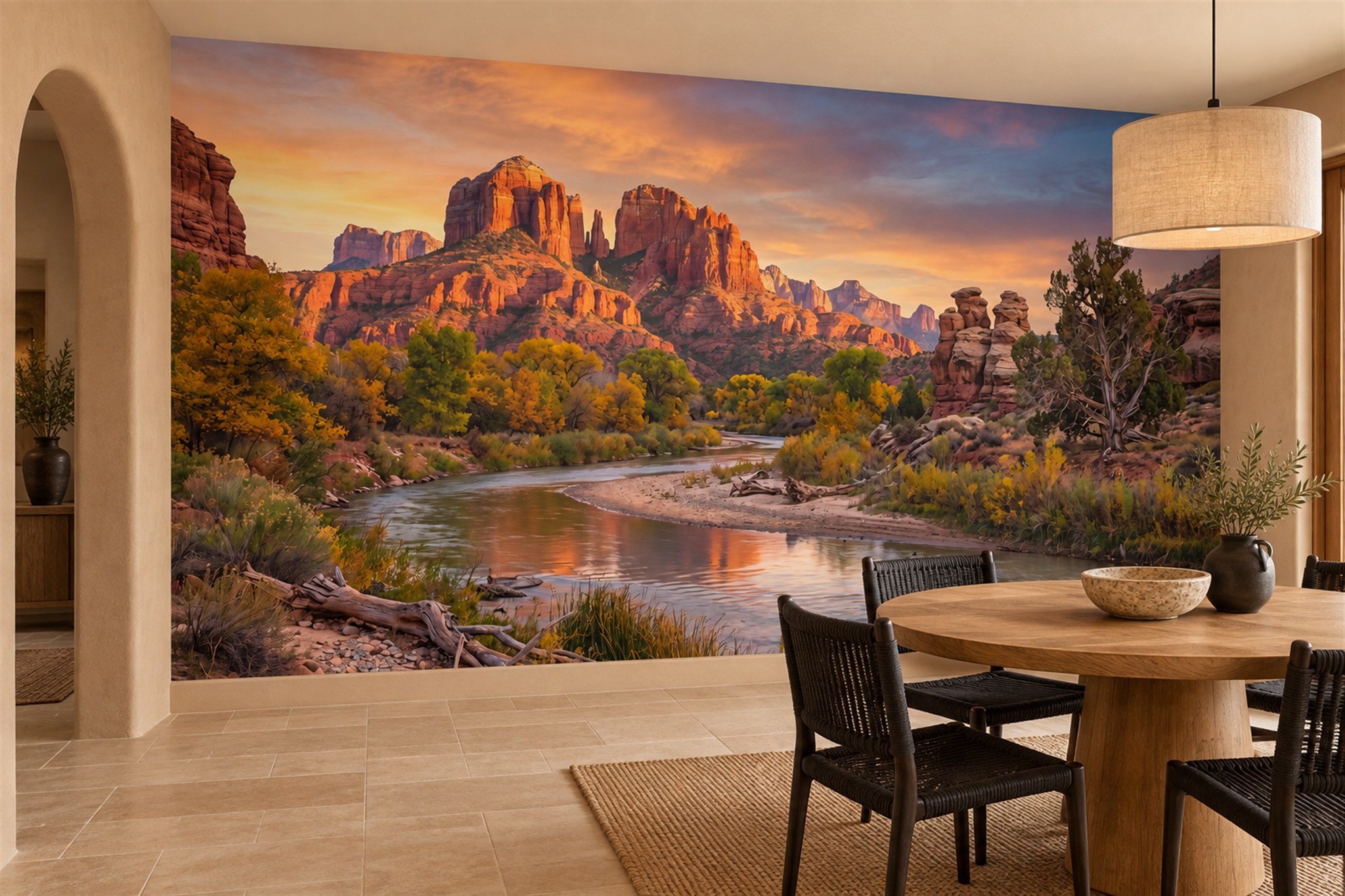 Rust Pattern Decorative Painterly Wallpaper Mural Dining-room-wallpaper-murals, Shown In A Dining Room, Peel-and-stick Finish