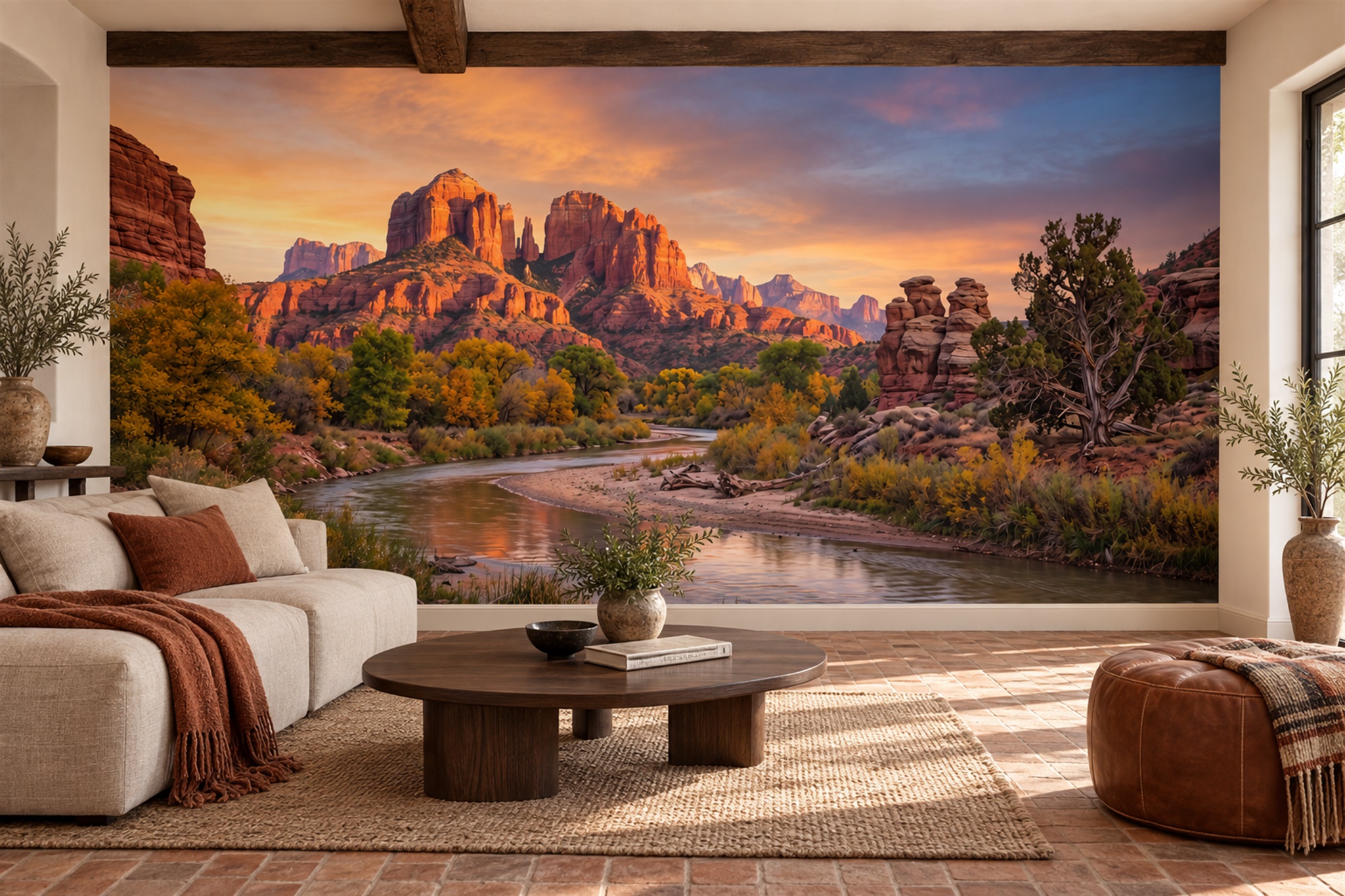 Red Rock Canyon River At Sunset Wallpaper Mural — Wallpaper Mural Design, Peel-and-stick Finish