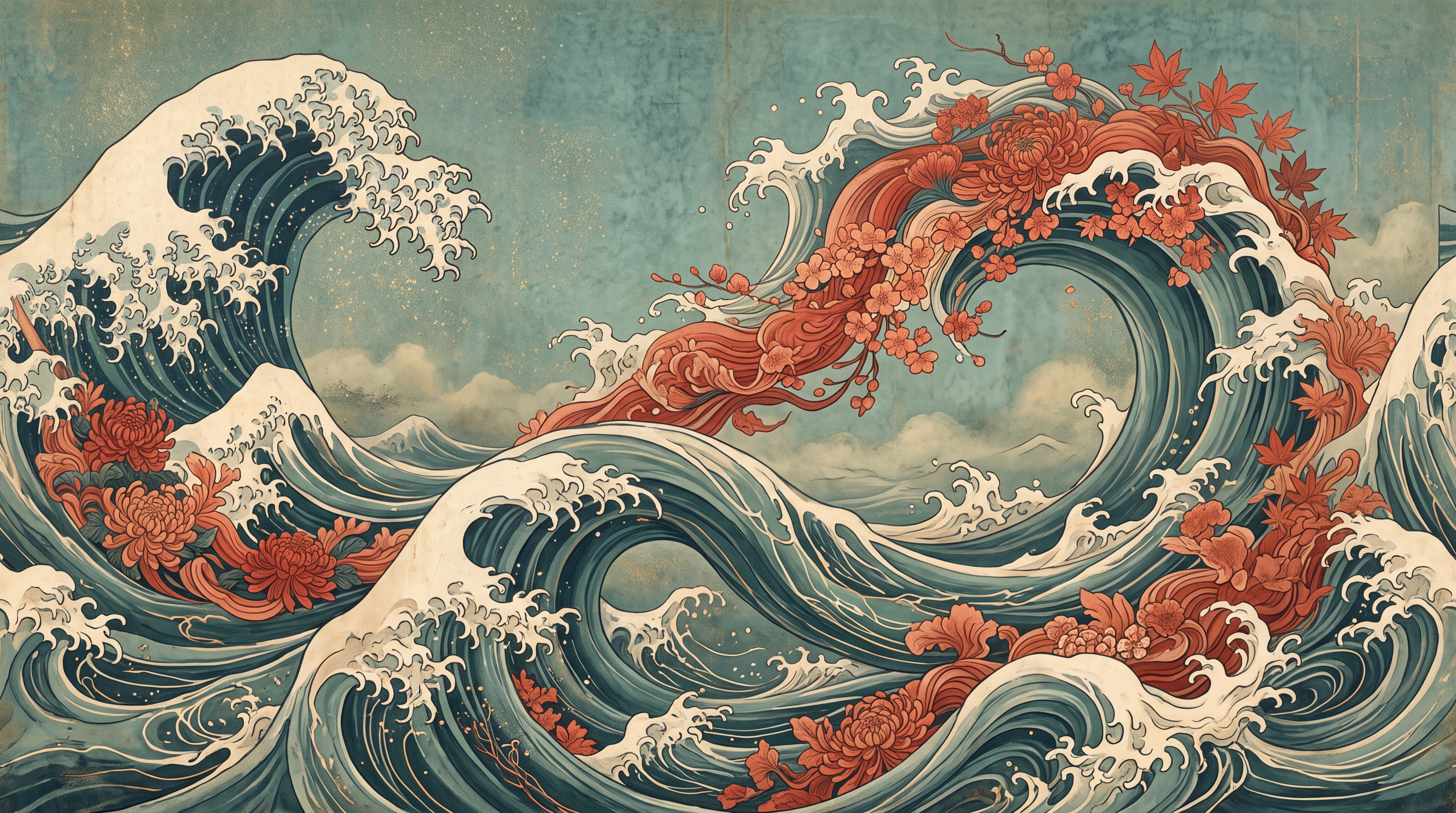 Teal Waves Artful Decorative Wallpaper Mural, Peel-and-stick Finish