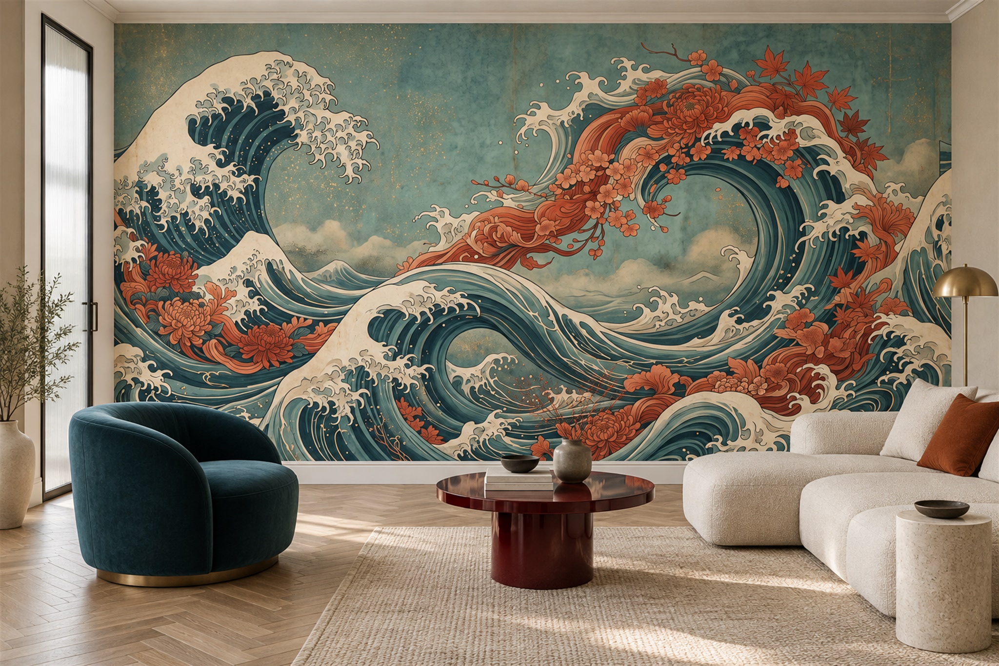 Teal Japanese Wave And Autumn Blossom Wallpaper Mural — Wallpaper Mural Design, Peel-and-stick Finish