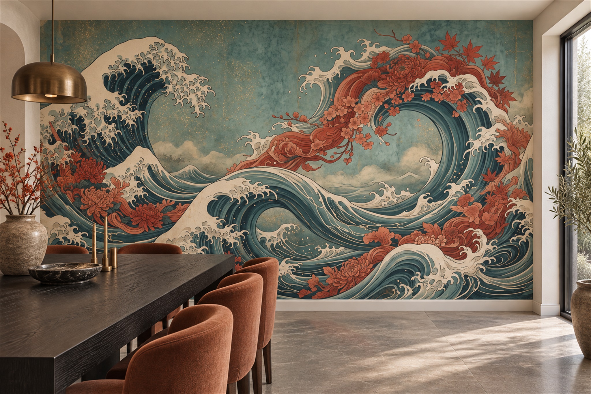 Teal Waves Artful Decorative Wallpaper Mural Dining-room-wallpaper-murals, Peel-and-stick Finish