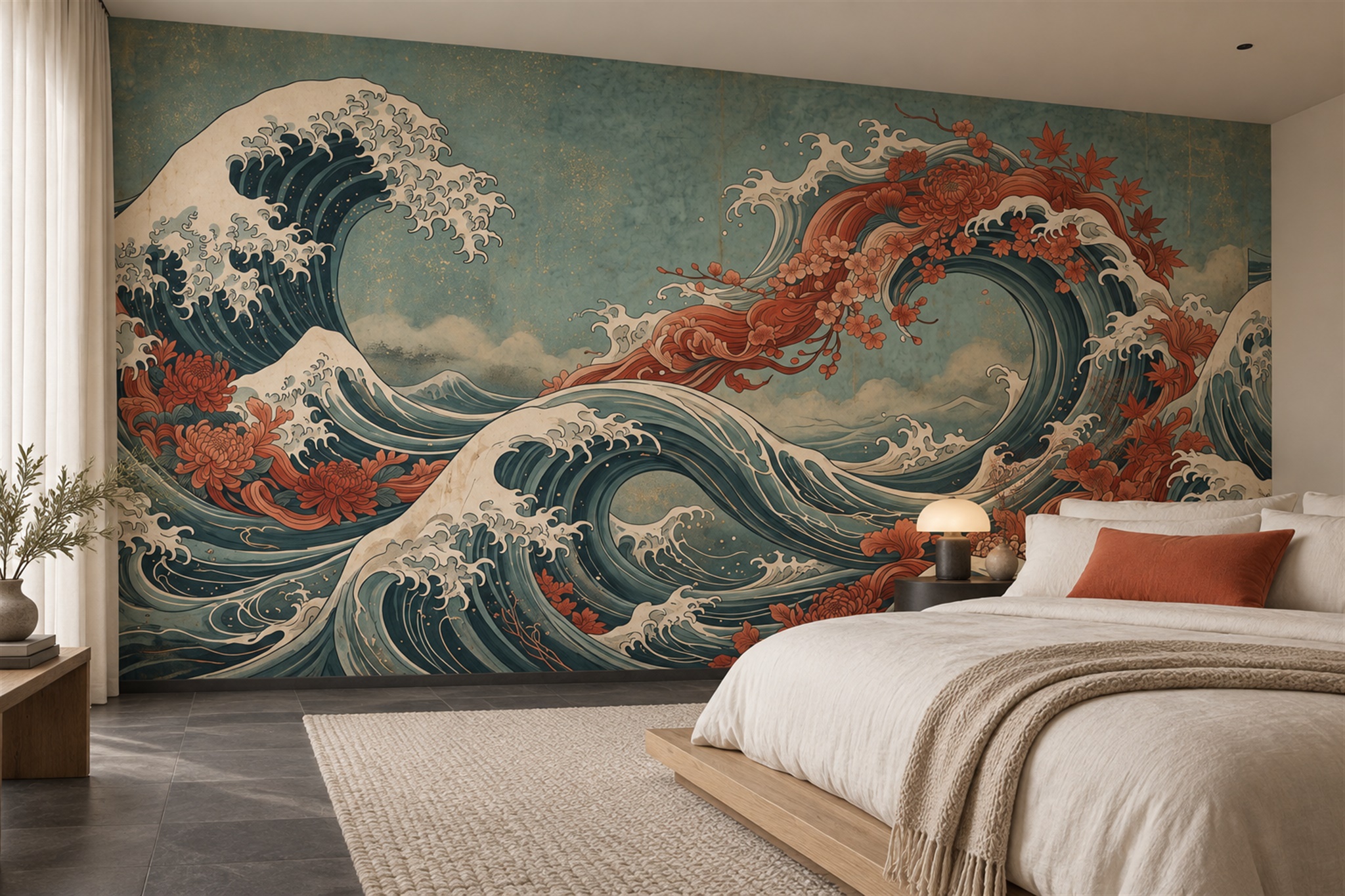 Teal Waves Artful Decorative Wallpaper Mural Living-room-wallpaper-murals, Peel-and-stick Finish