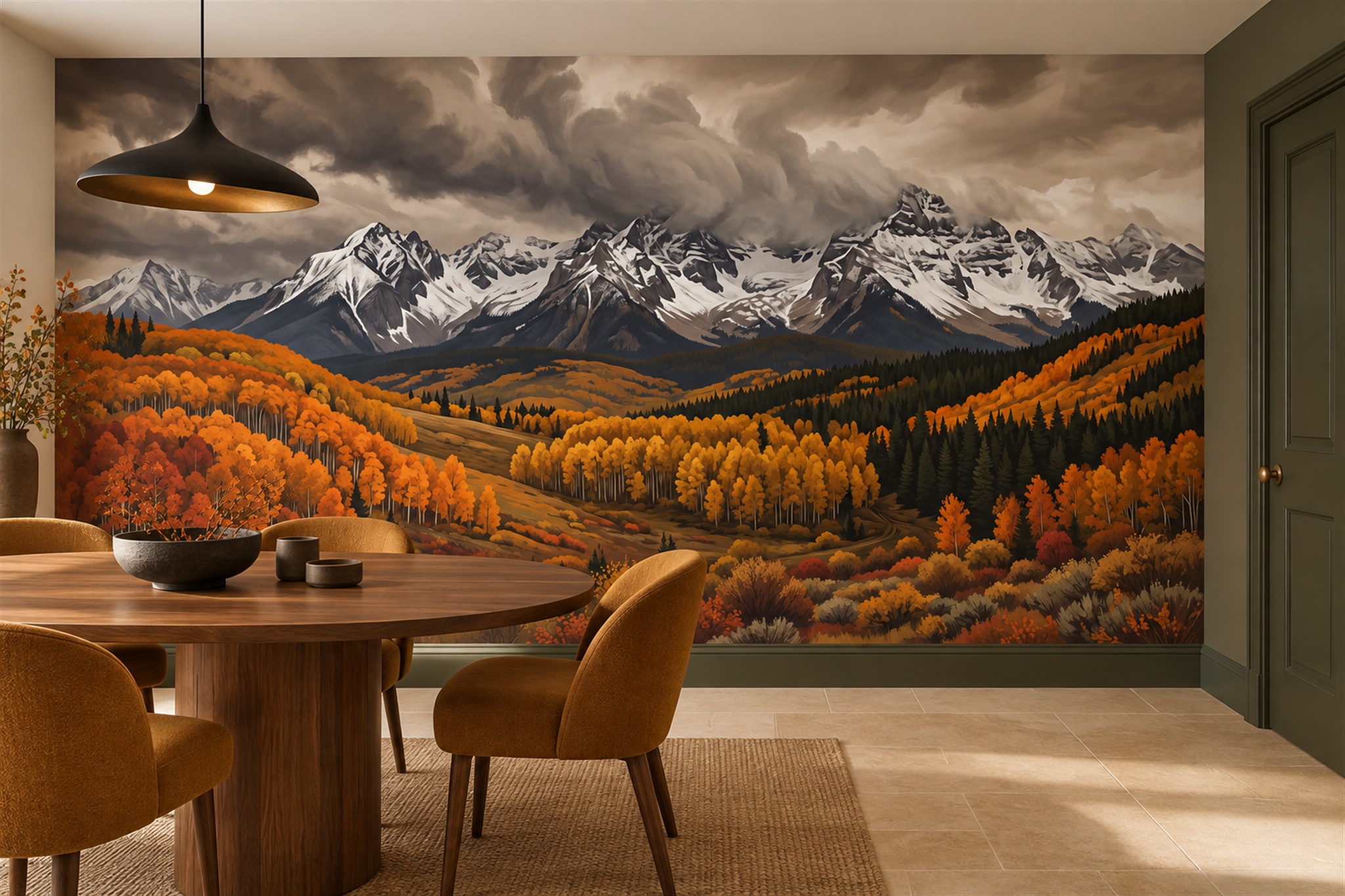 Orange Alpine Scenic Wallpaper Mural Dining-room-wallpaper-murals, Shown In A Dining Room, Peel-and-stick Finish