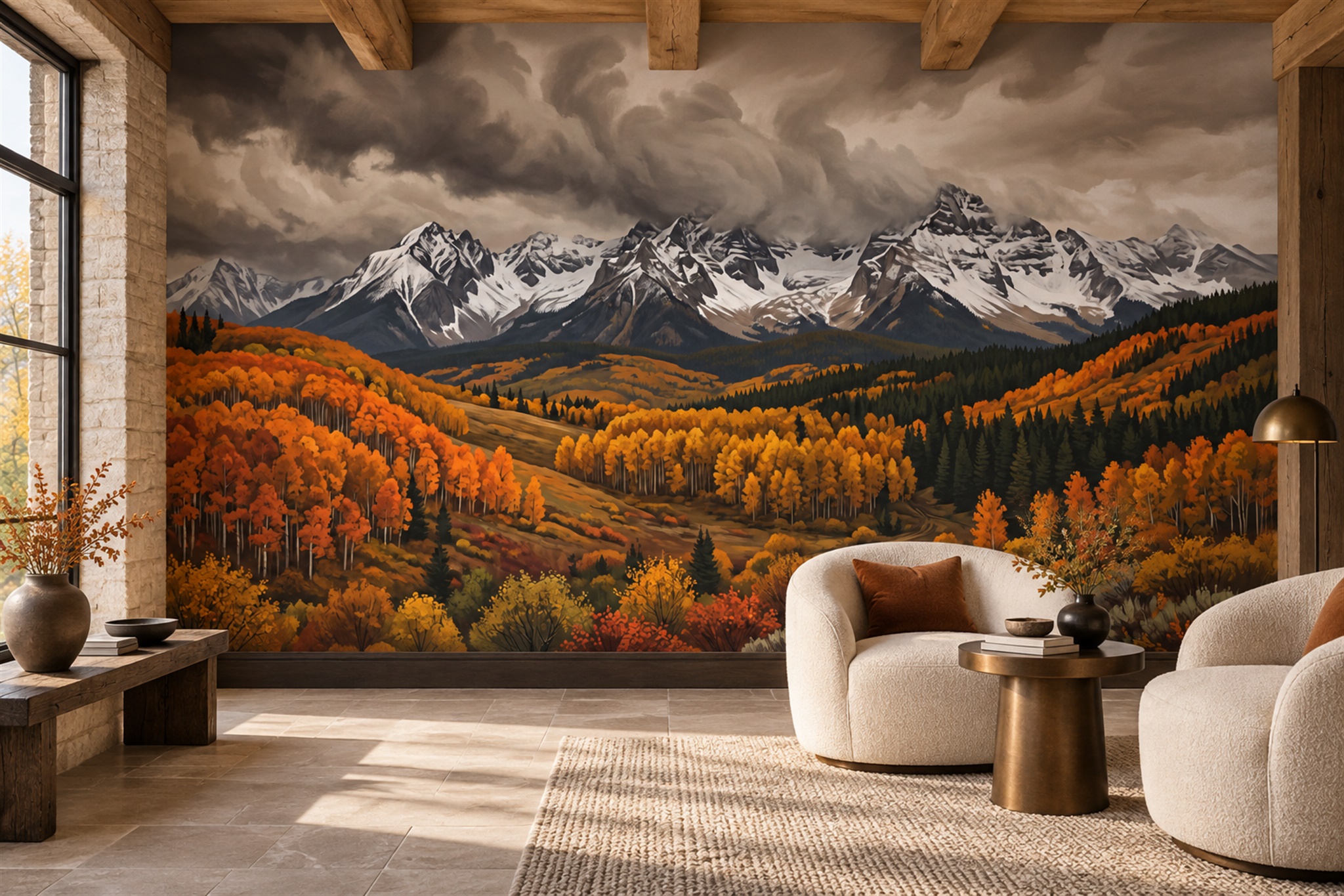 Snowy Mountains And Golden Autumn Forest Wallpaper Mural — Wallpaper Mural Design, Peel-and-stick Finish