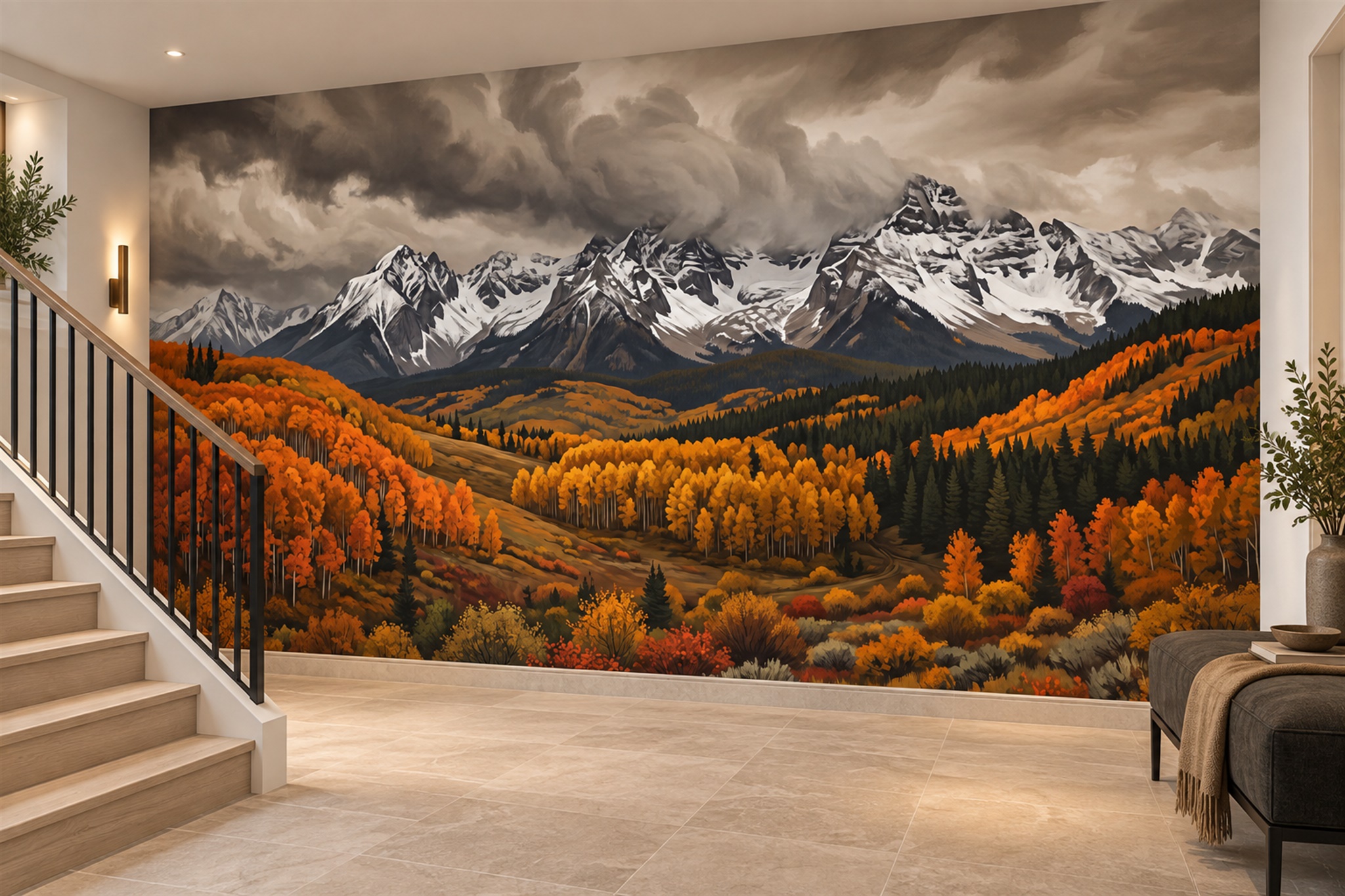 Orange Alpine Scenic Wallpaper Mural Accent-wall-wallpaper-murals, Peel-and-stick Finish