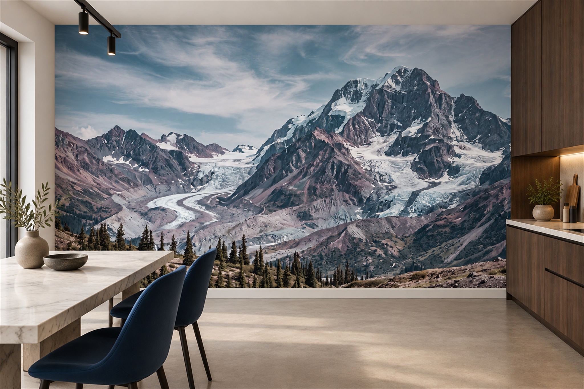 Grey Pattern Decorative Wallpaper Mural Layered Layered Wallpaper Mural Dining-room-wallpaper-murals, Shown In A Dining Room, Peel-and-stick Finish