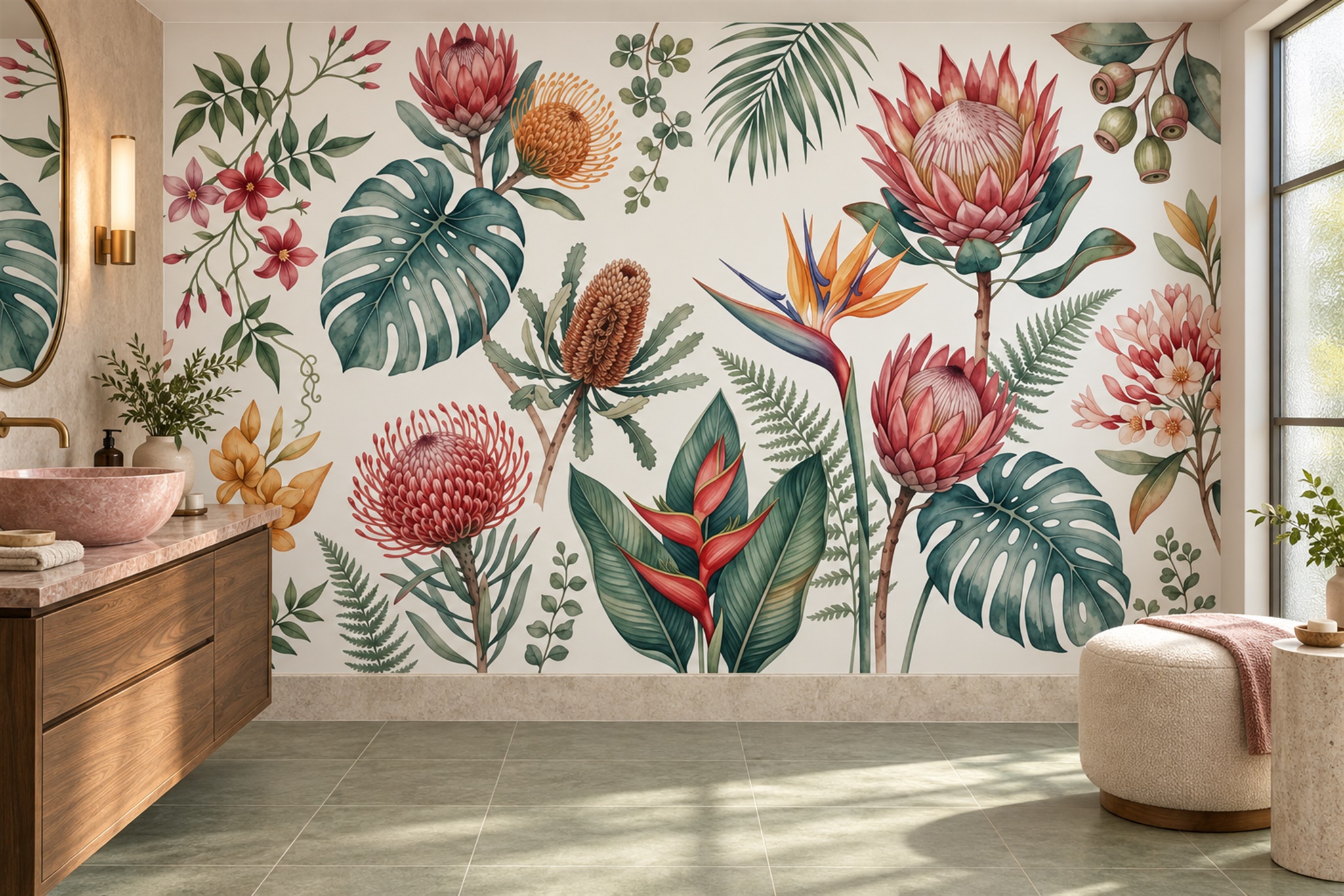 Green Tropical Artful Wallpaper Mural Layered Bathroom-wallpaper-murals, Peel-and-stick Finish