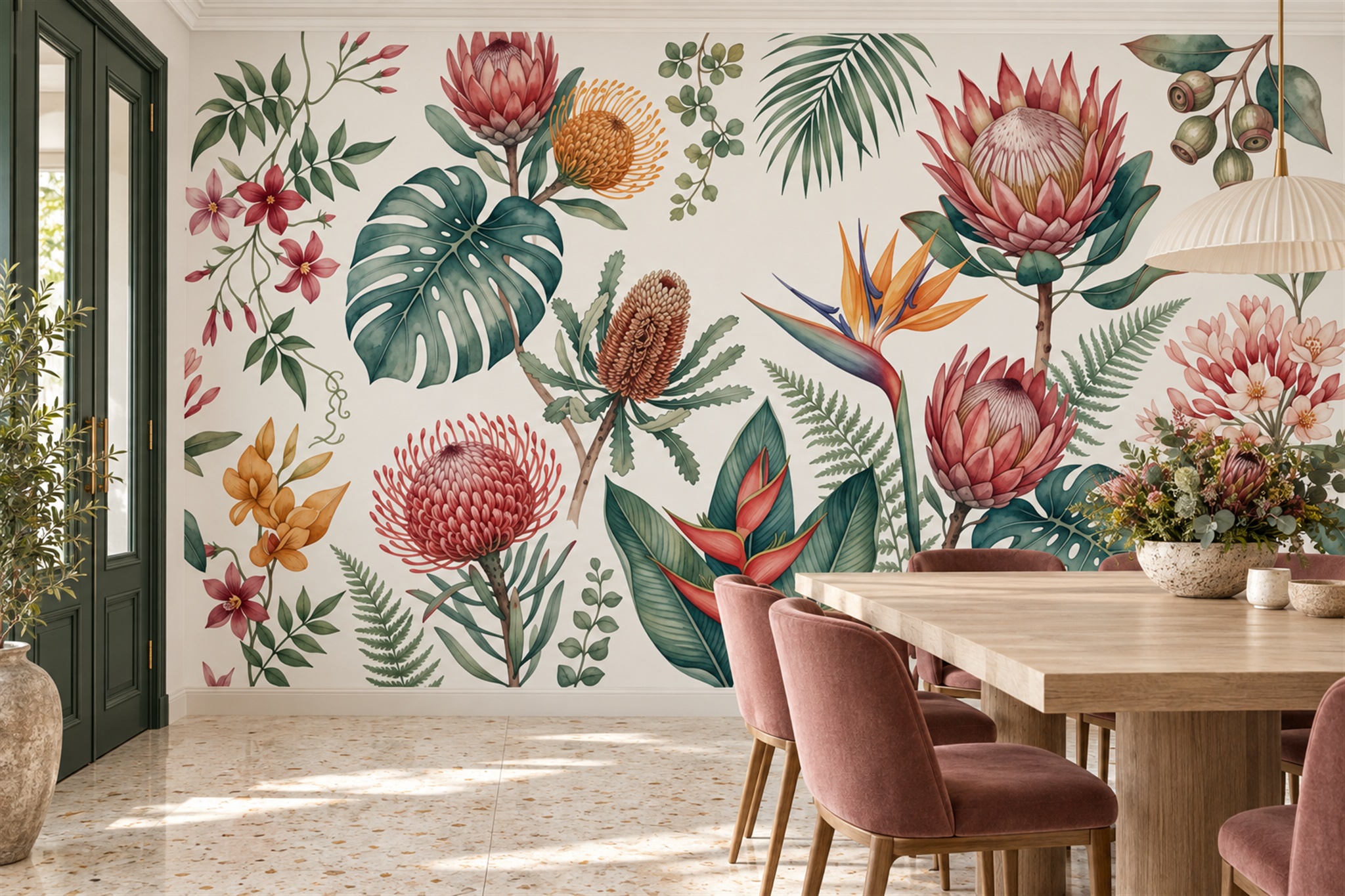 Green Tropical Artful Wallpaper Mural Layered Accent-wall-wallpaper-murals, Peel-and-stick Finish