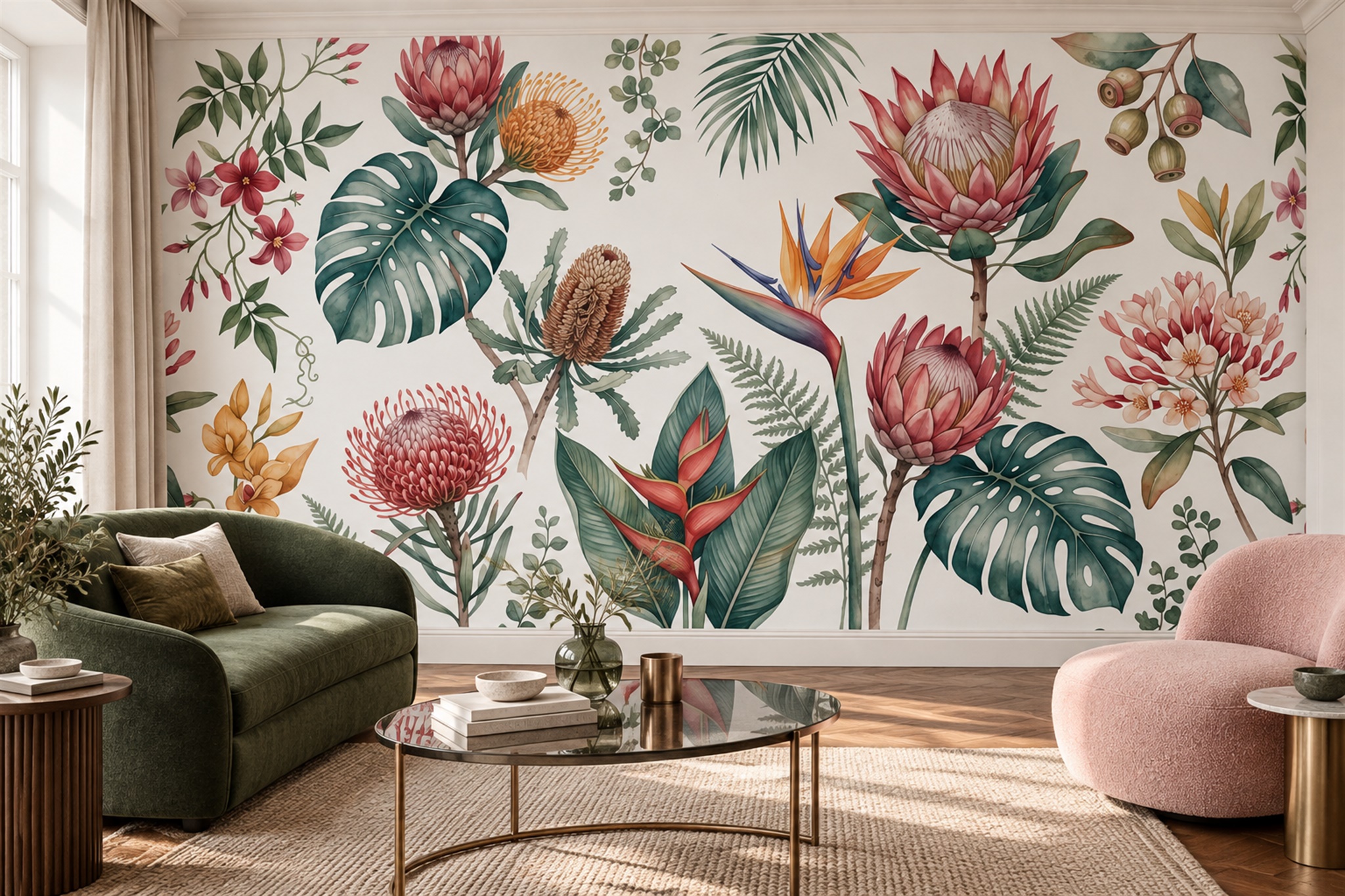 Watercolour Protea And Tropical Leaves Wallpaper Mural — Wallpaper Mural Design, Peel-and-stick Finish
