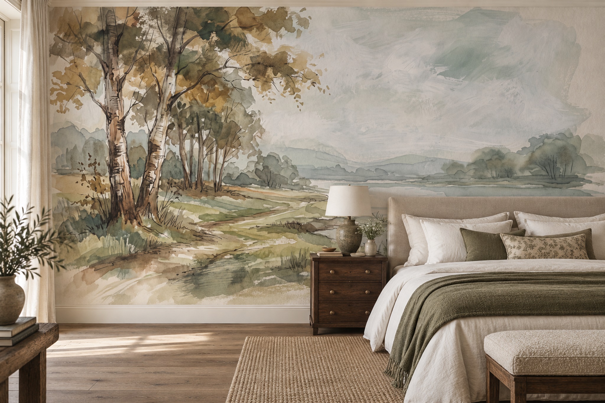 Olive River Scenic Organic Wallpaper Mural Bedroom-wallpaper-murals, Peel-and-stick Finish