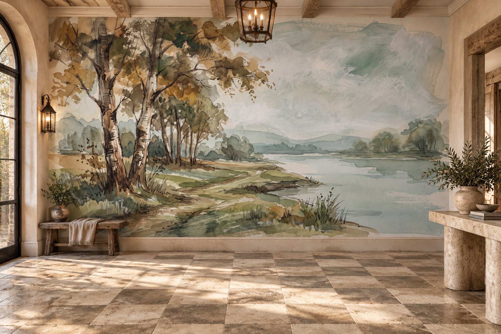 Watercolour Riverbank Trees And Open Lake Wallpaper Mural — Installed Wallpaper Mural In A Entryway, Peel-and-stick Finish