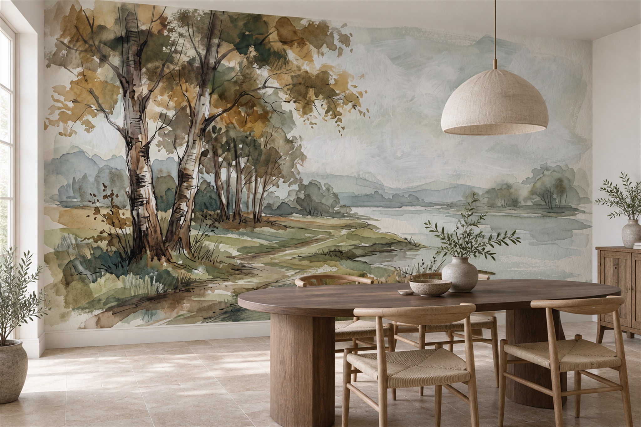 Olive River Scenic Organic Wallpaper Mural Entryway-wallpaper-murals, Peel-and-stick Finish