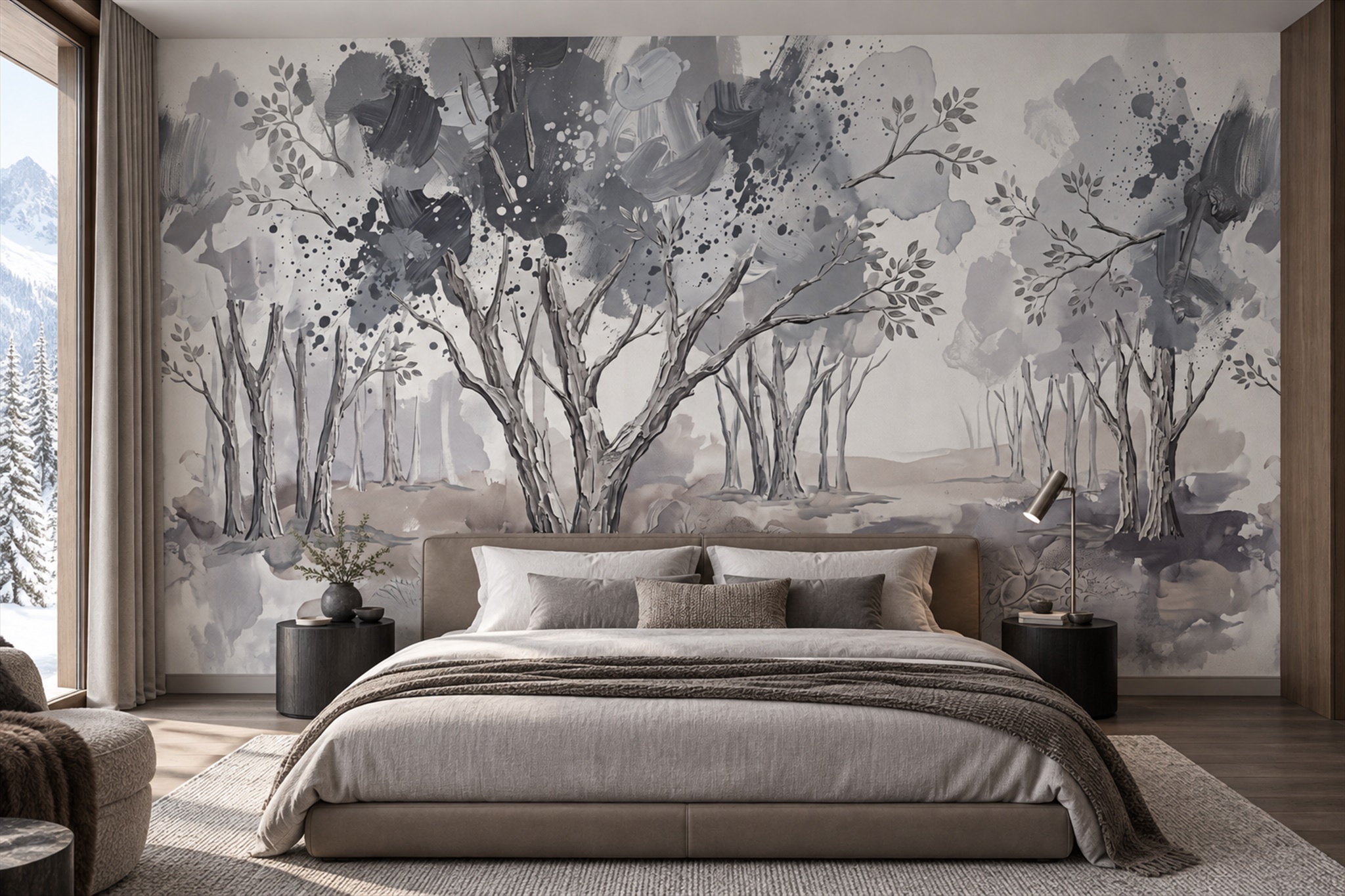 Grey Trees Scenic Textured Wallpaper Mural Bedroom-wallpaper-murals, Peel-and-stick Finish