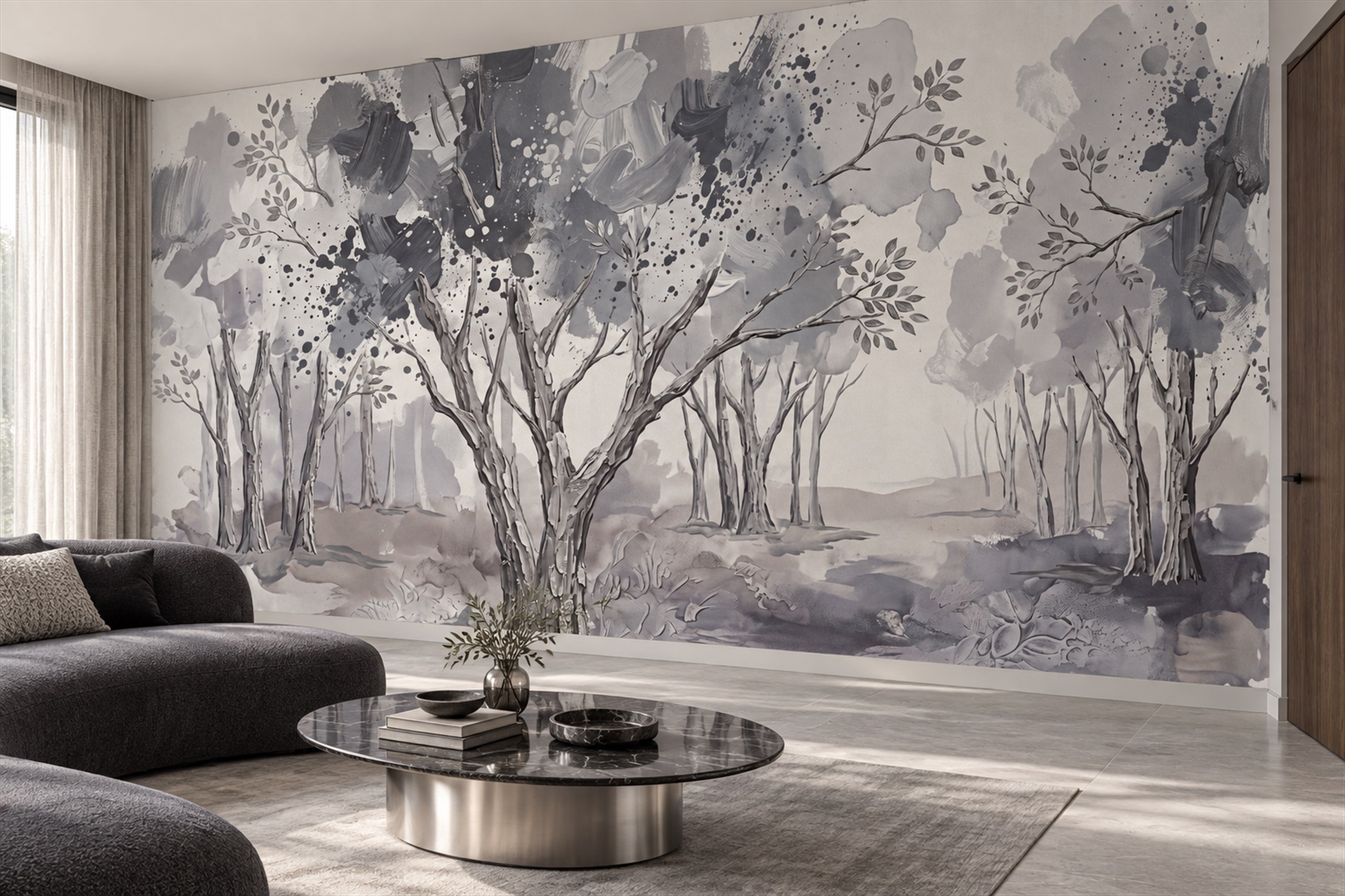 Grey Trees Scenic Textured Wallpaper Mural Home-office-wallpaper-murals, Peel-and-stick Finish