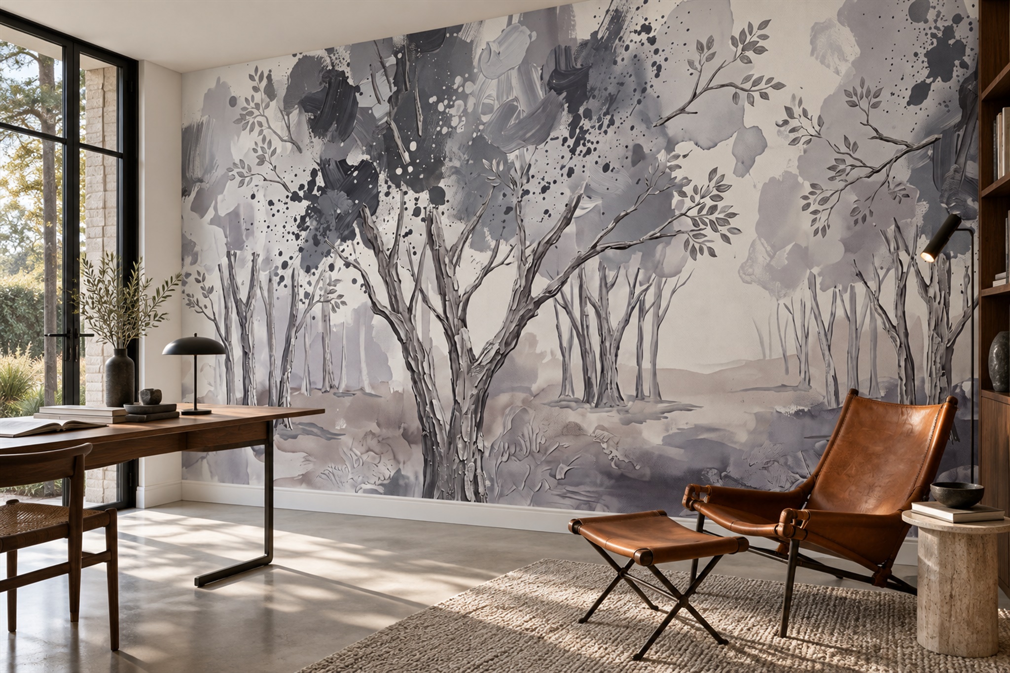 Monochrome Watercolour Woodland Trees Wallpaper Mural — Wallpaper Mural Design, Peel-and-stick Finish