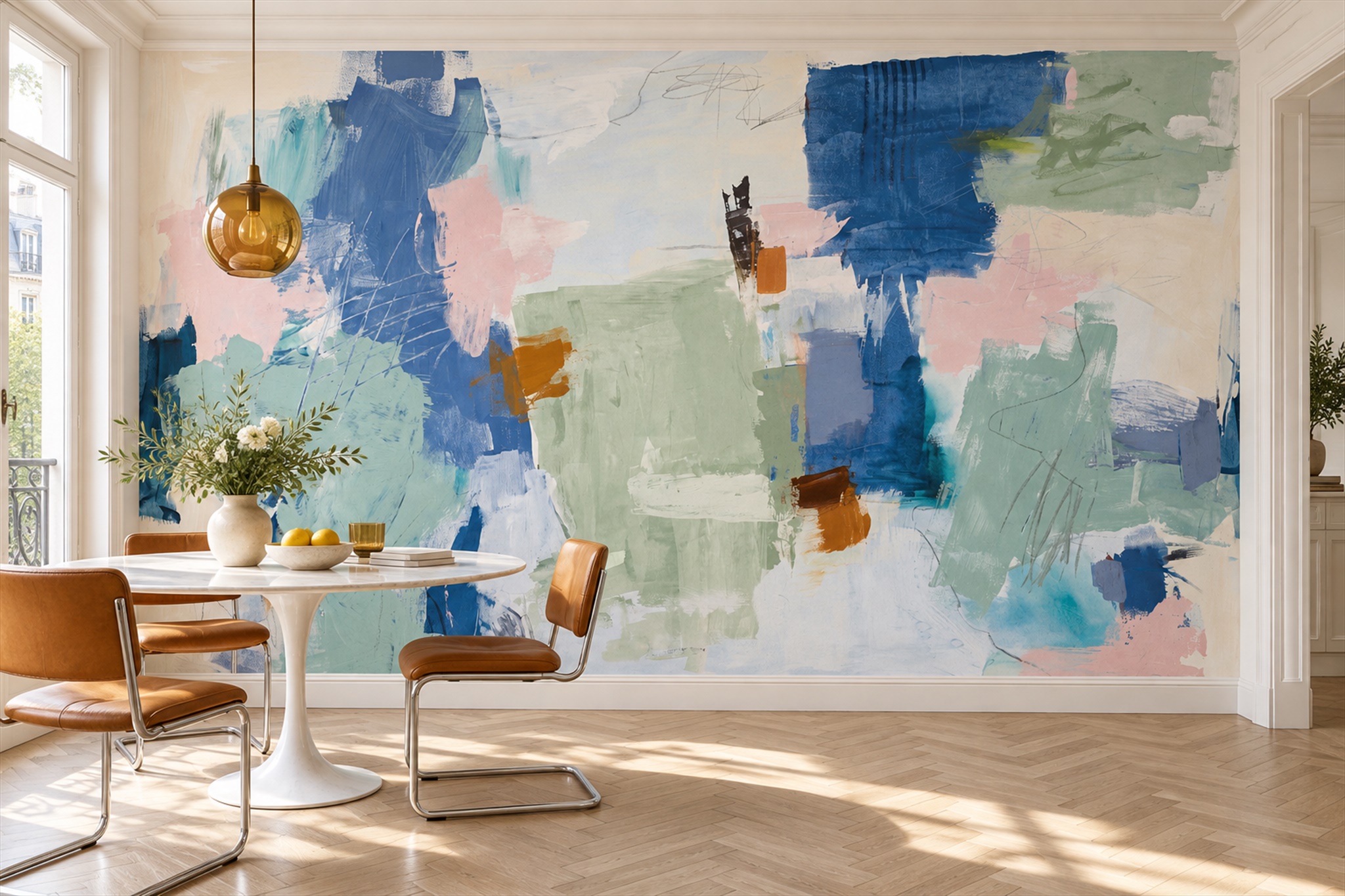 Blue Green And White Painterly Block Abstract Wallpaper Mural — Wallpaper Mural Design, Peel-and-stick Finish
