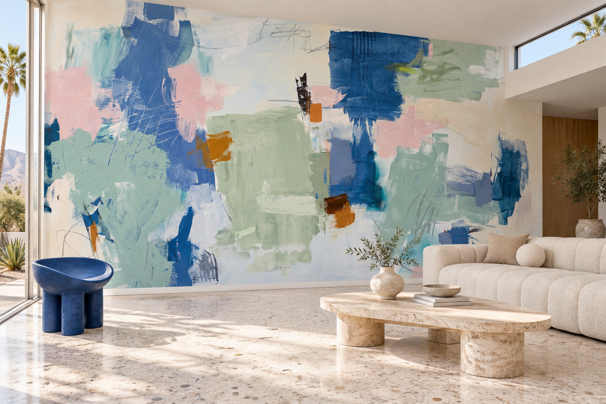 Blue Brushstroke Artful Decorative Wallpaper Mural Living-room-wallpaper-murals, Shown In A Living Room, Peel-and-stick Finish