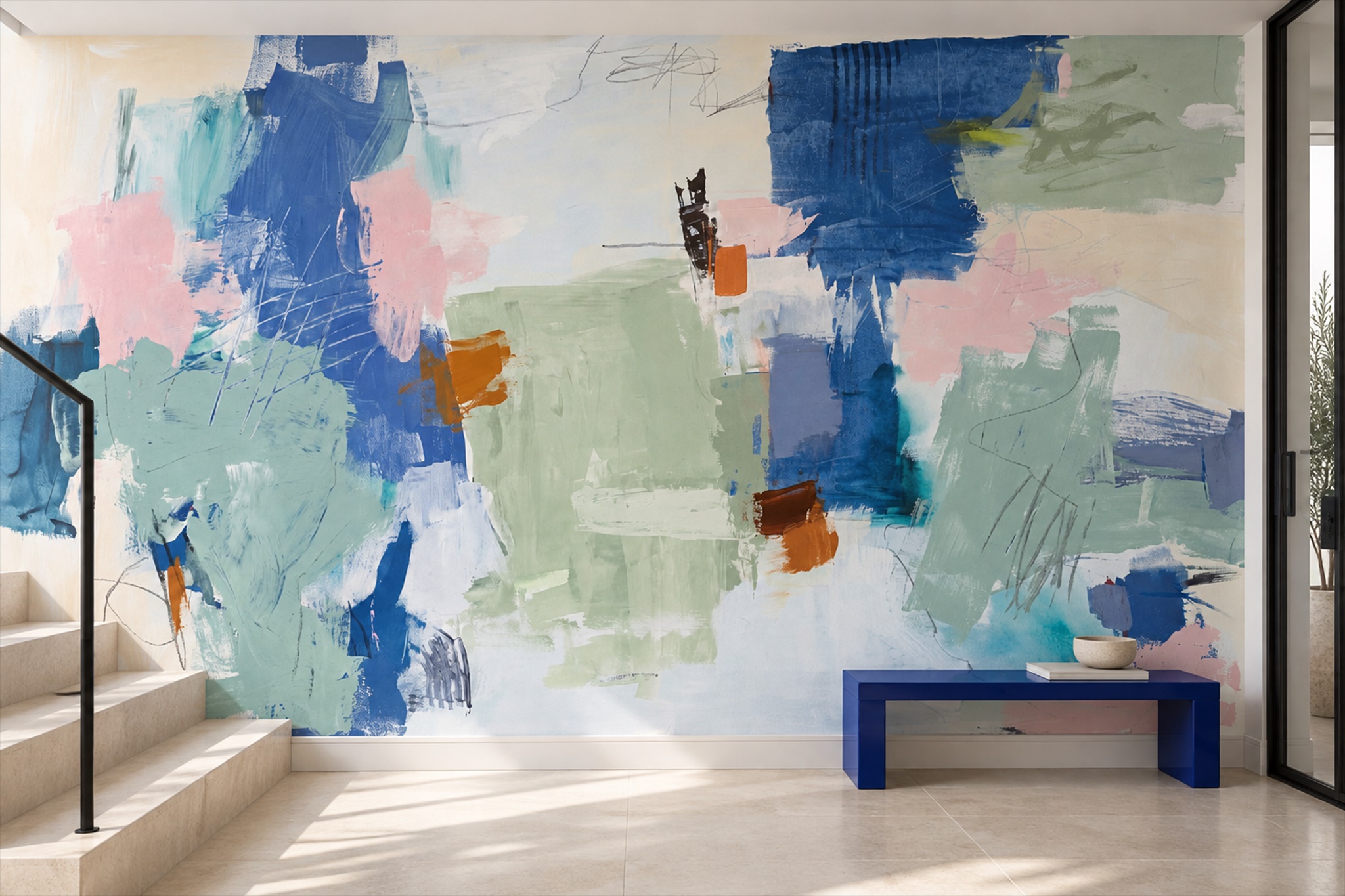 Blue Brushstroke Artful Decorative Wallpaper Mural Dining-room-wallpaper-murals, Peel-and-stick Finish