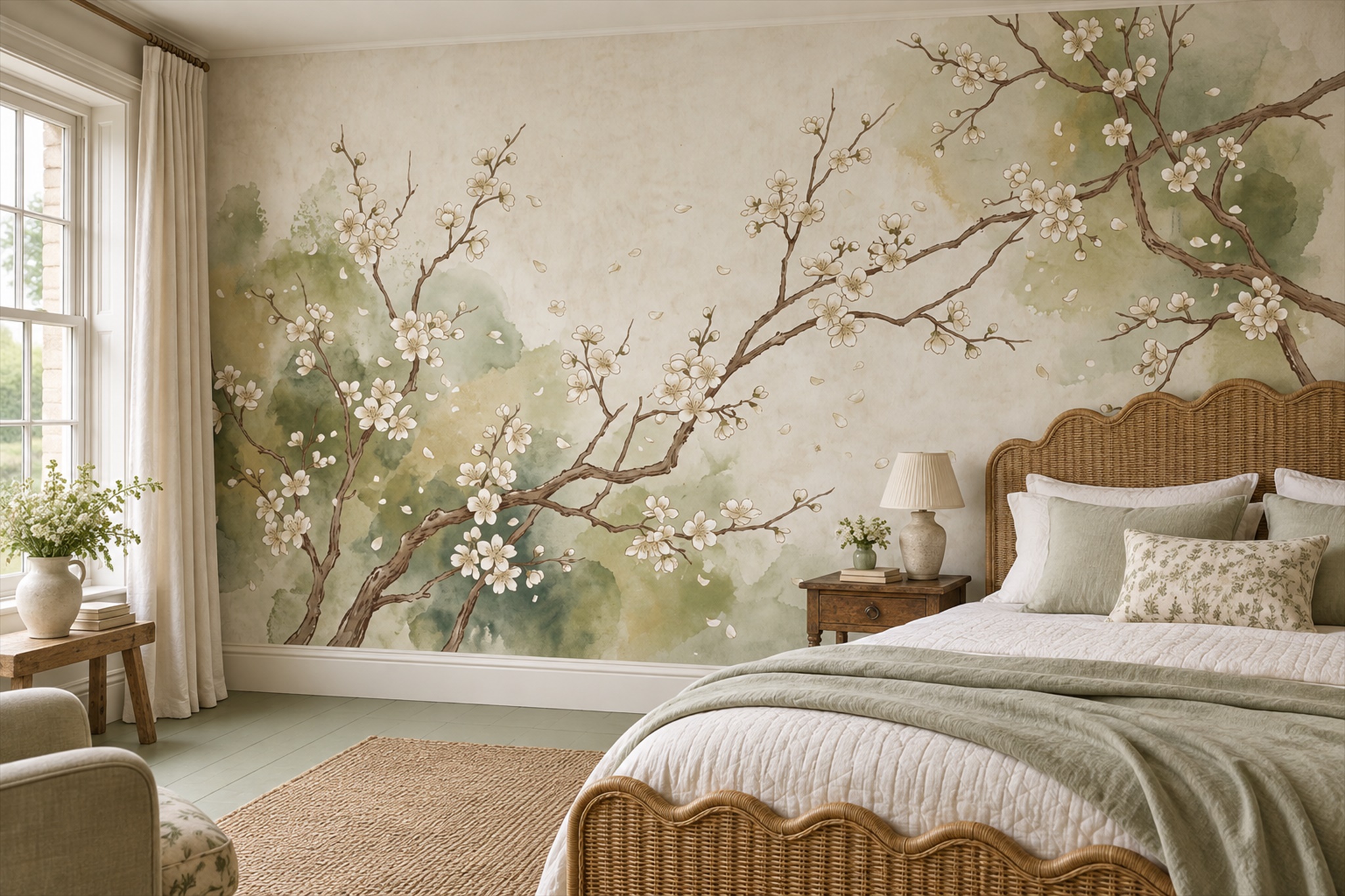 White Blossoms On Branches Watercolour Wallpaper Mural — Installed Wallpaper Mural In A Bedroom, Peel-and-stick Finish