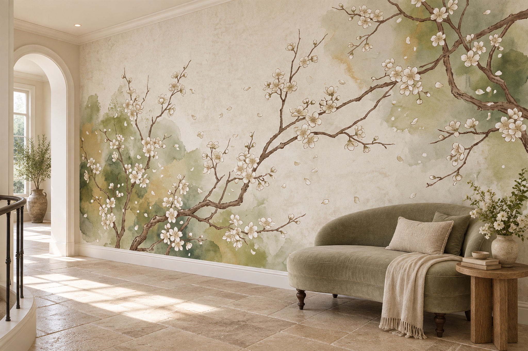 Sage Blossom Botanical Layered Wallpaper Mural Accent-wall-wallpaper-murals, Peel-and-stick Finish