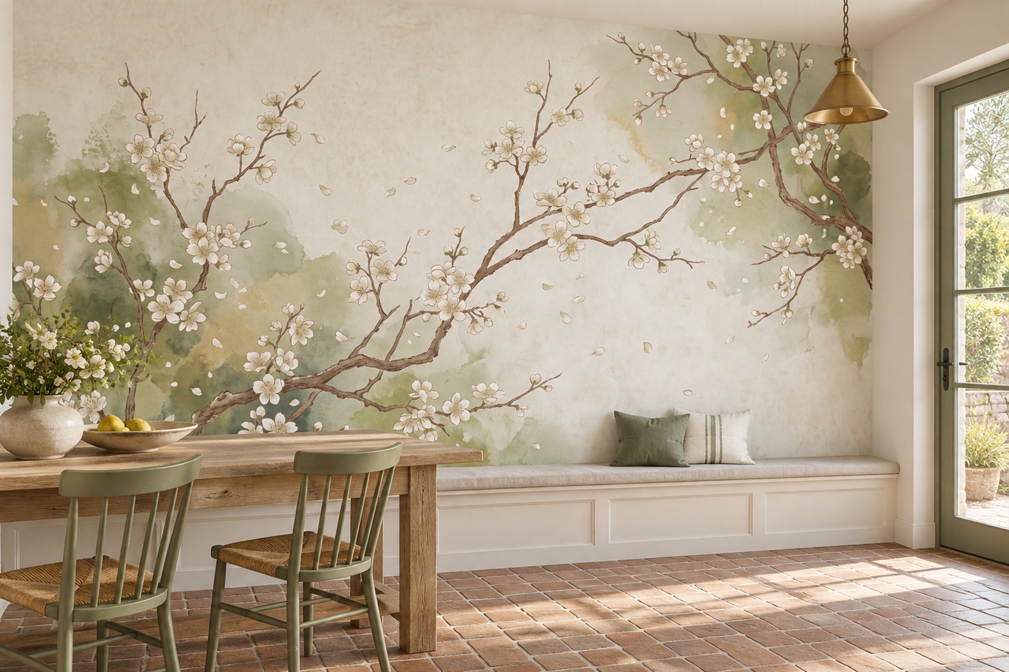 Sage Blossom Botanical Layered Wallpaper Mural Dining-room-wallpaper-murals, Shown In A Dining Room, Peel-and-stick Finish