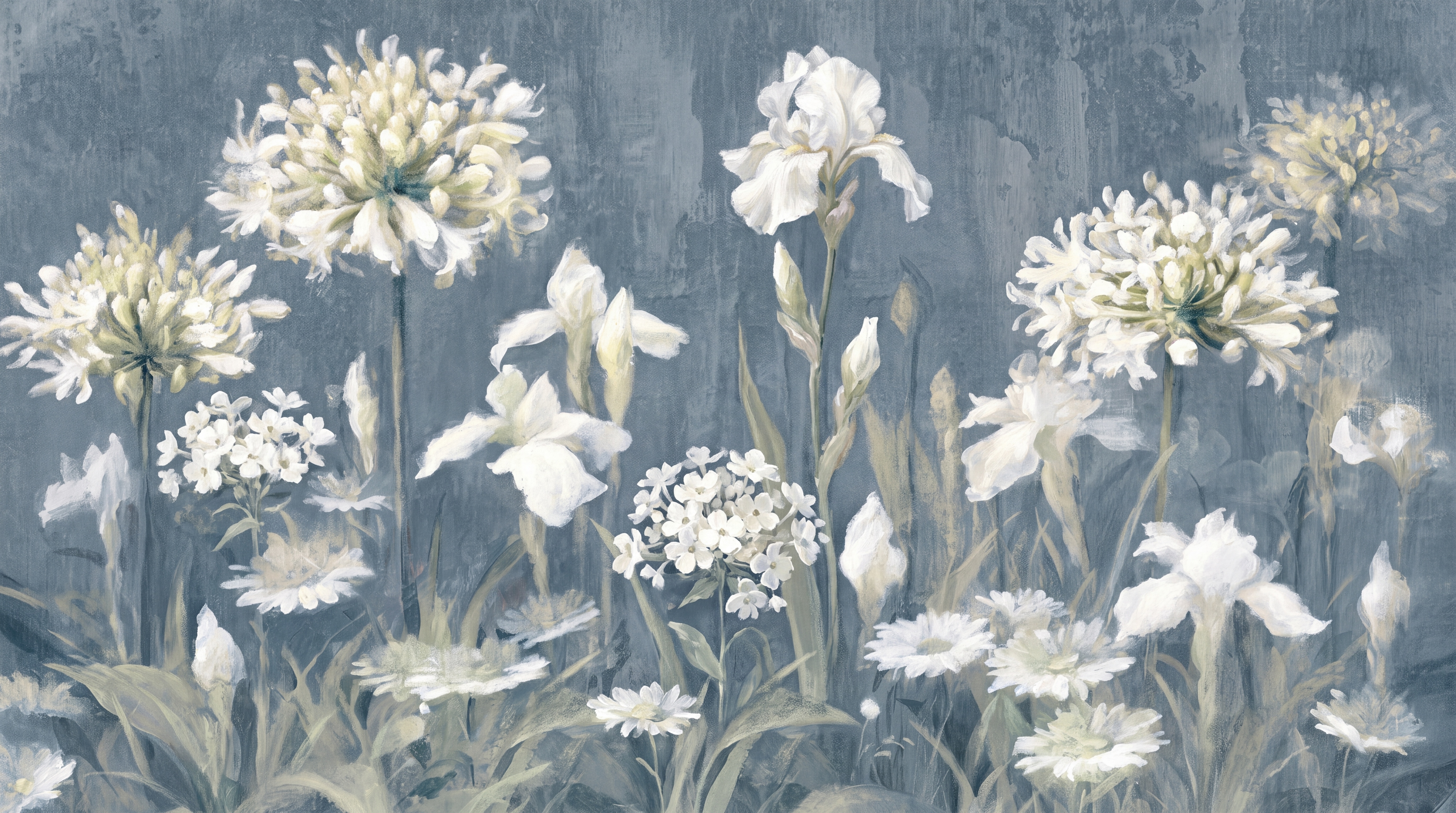 Blue Floral Botanical Decorative Wallpaper Mural, Peel-and-stick Finish