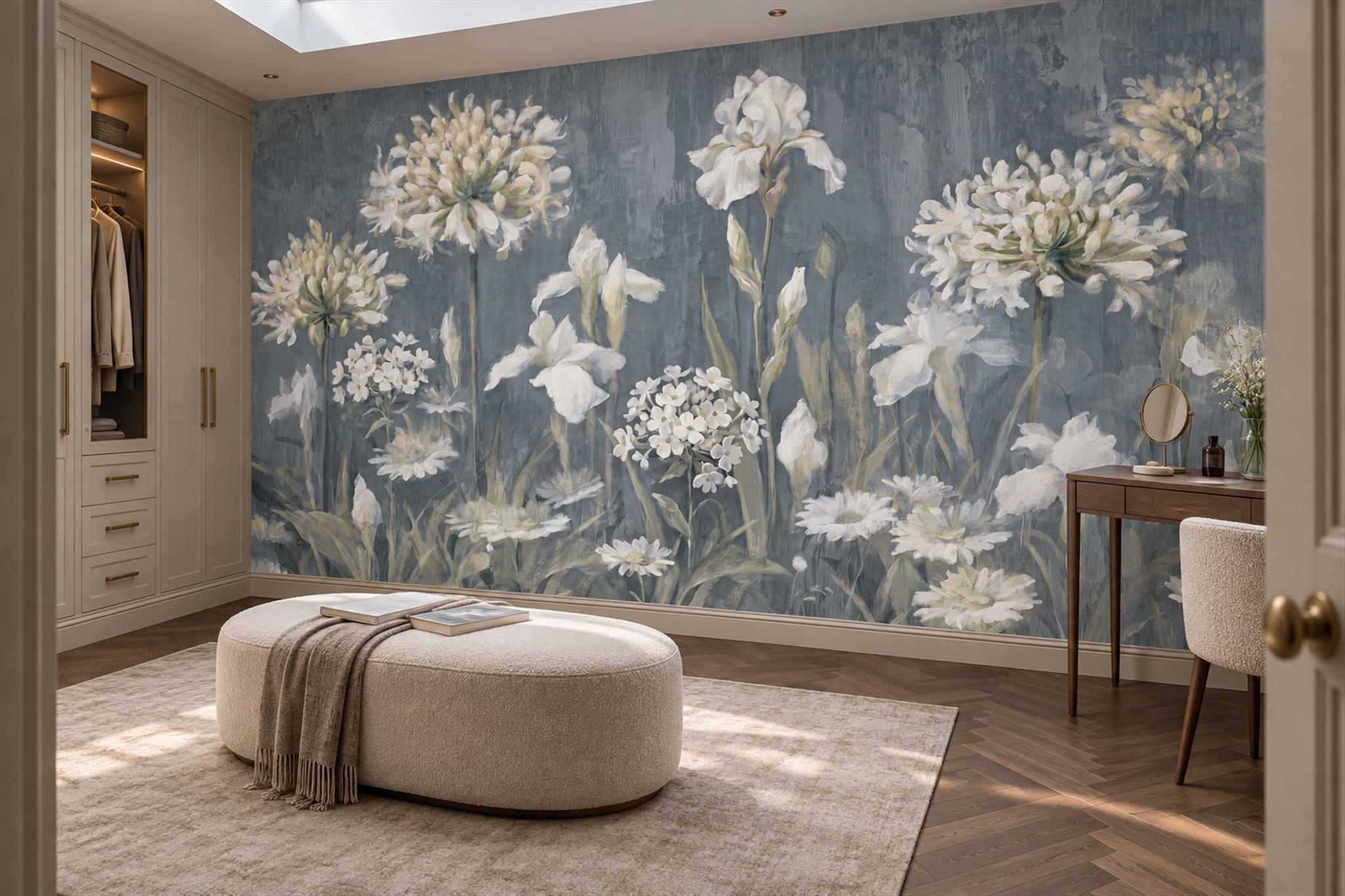Blue Floral Botanical Decorative Wallpaper Mural Accent-wall-wallpaper-murals, Peel-and-stick Finish