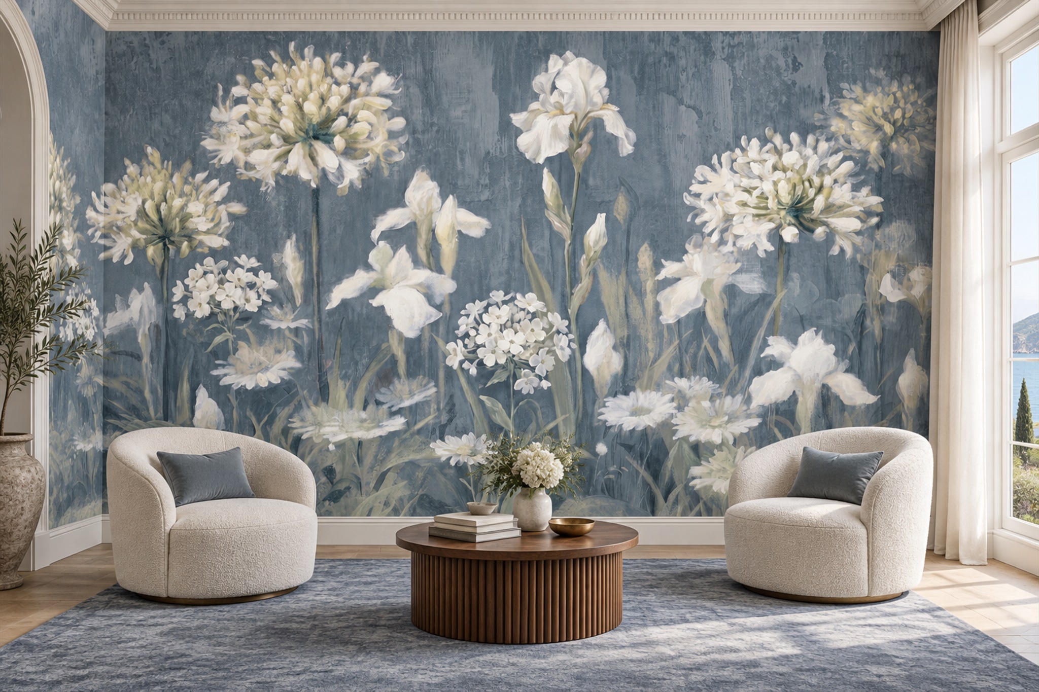White Garden Flowers On Blue Grey Wallpaper Mural — Wallpaper Mural Design, Peel-and-stick Finish
