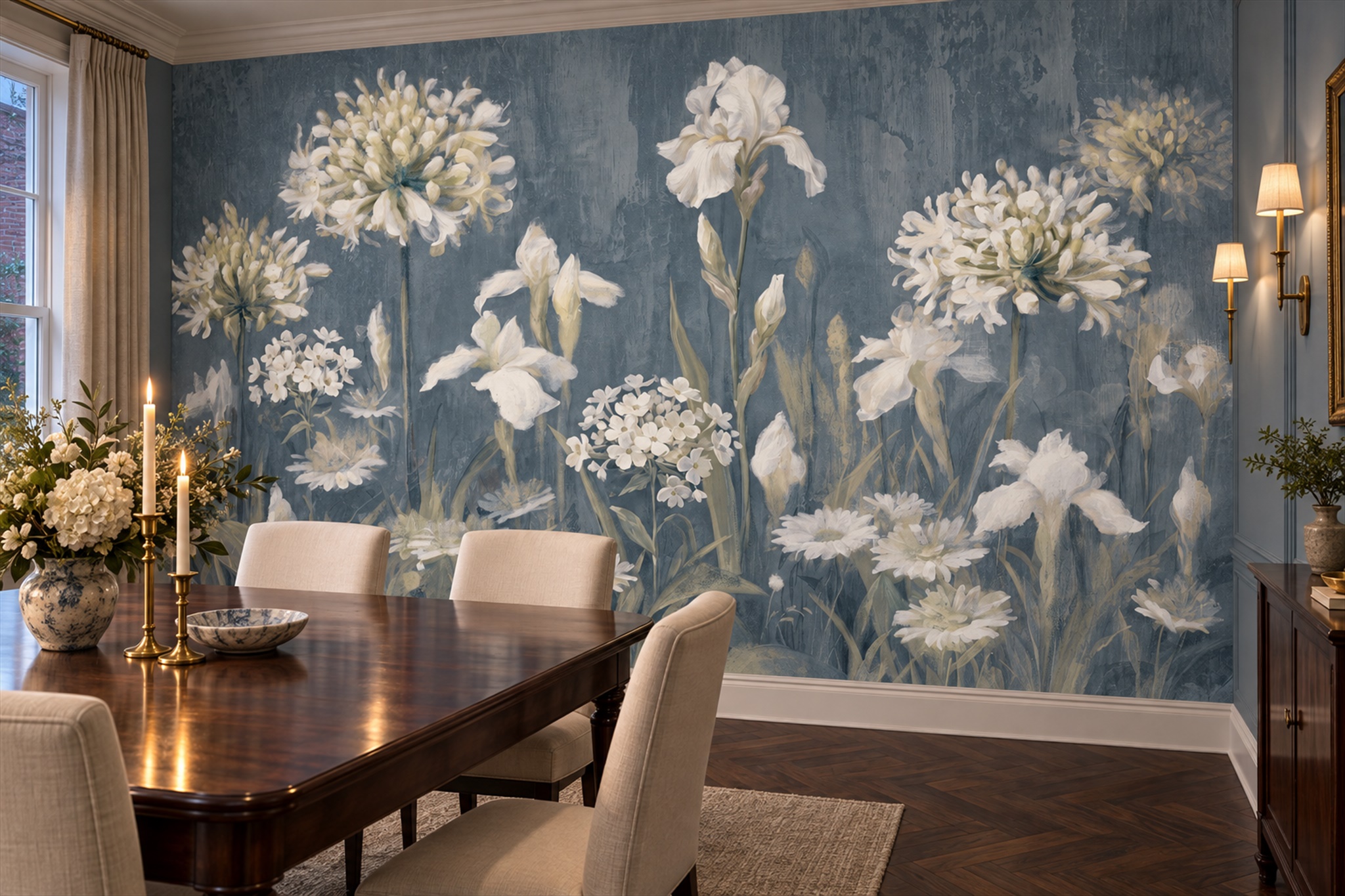 Blue Floral Botanical Decorative Wallpaper Mural Accent-wall-wallpaper-murals, Peel-and-stick Finish