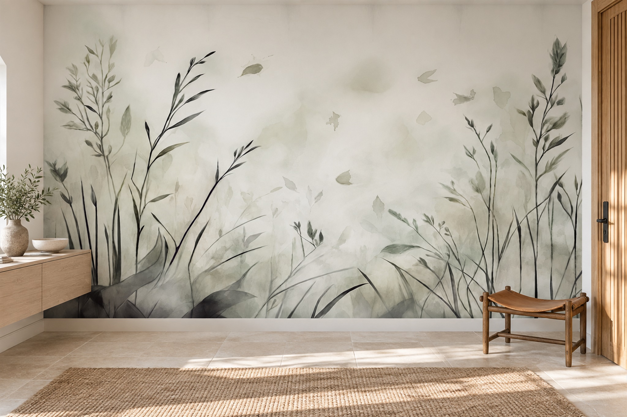Minimal Sage Meadow Grasses Wallpaper Mural — Installed Wallpaper Mural In A Entryway, Peel-and-stick Finish