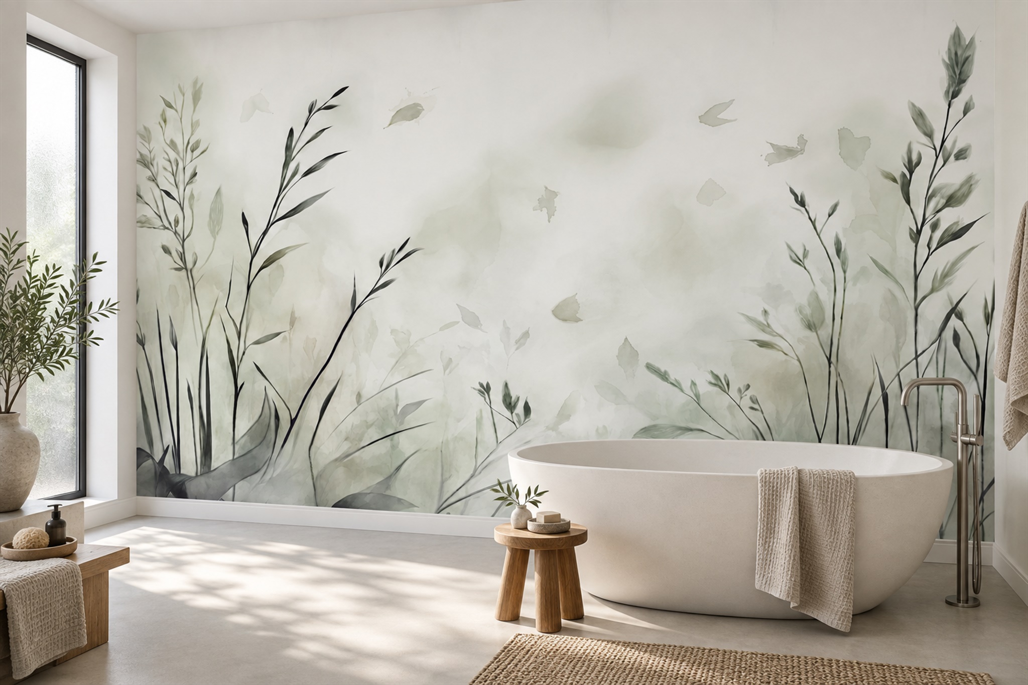 Sage Grasses Artful Wallpaper Mural Bathroom-wallpaper-murals, Peel-and-stick Finish