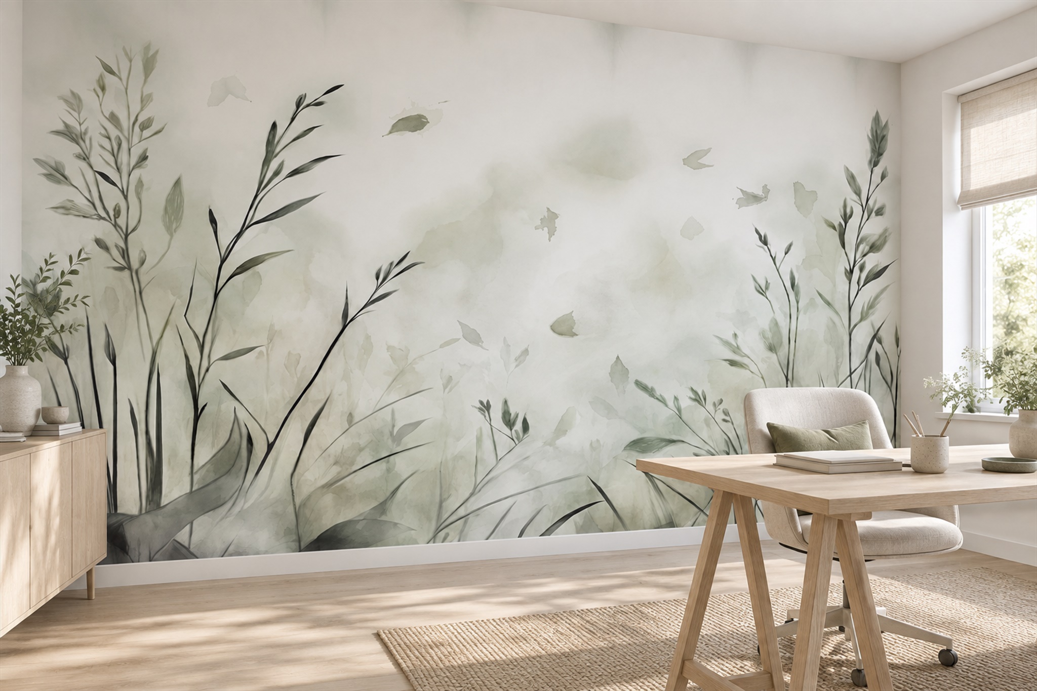 Sage Grasses Artful Wallpaper Mural Home-office-wallpaper-murals, Shown In A Home Office, Peel-and-stick Finish