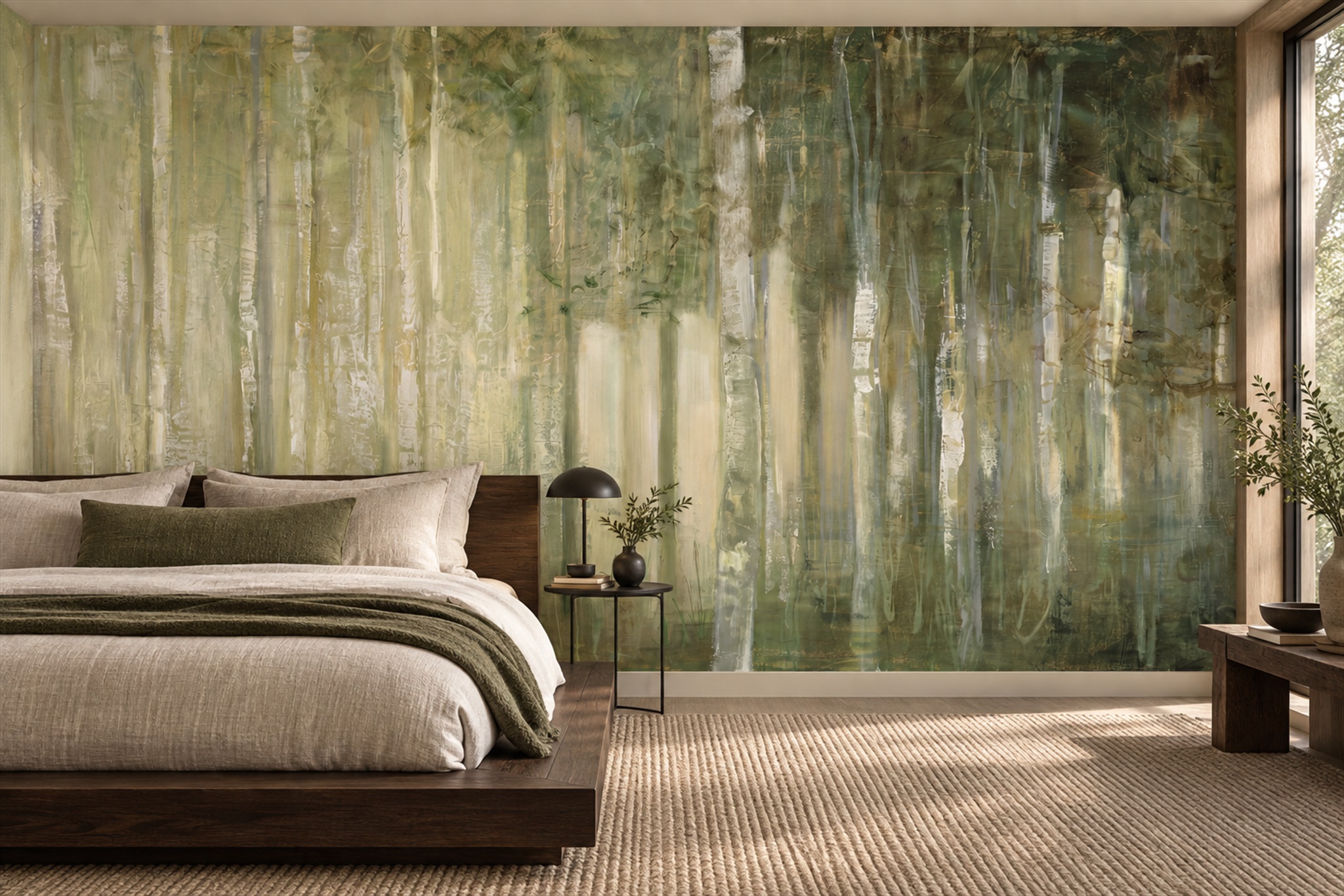Olive Woodland Tree Trunks Wallpaper Mural — Installed Wallpaper Mural In A Bedroom, Peel-and-stick Finish