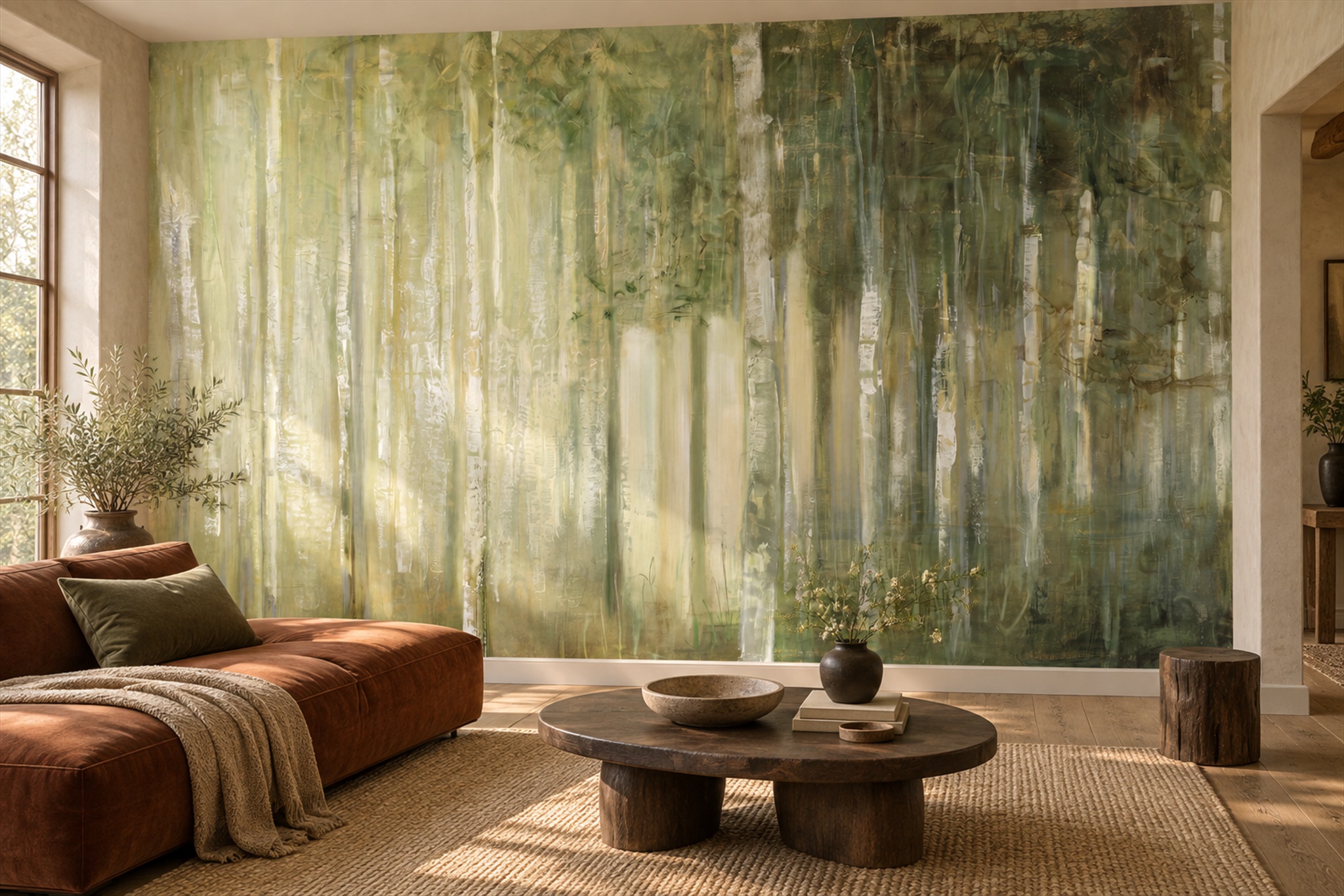 Olive Forest Scenic Layered Wallpaper Mural Accent-wall-wallpaper-murals, Peel-and-stick Finish