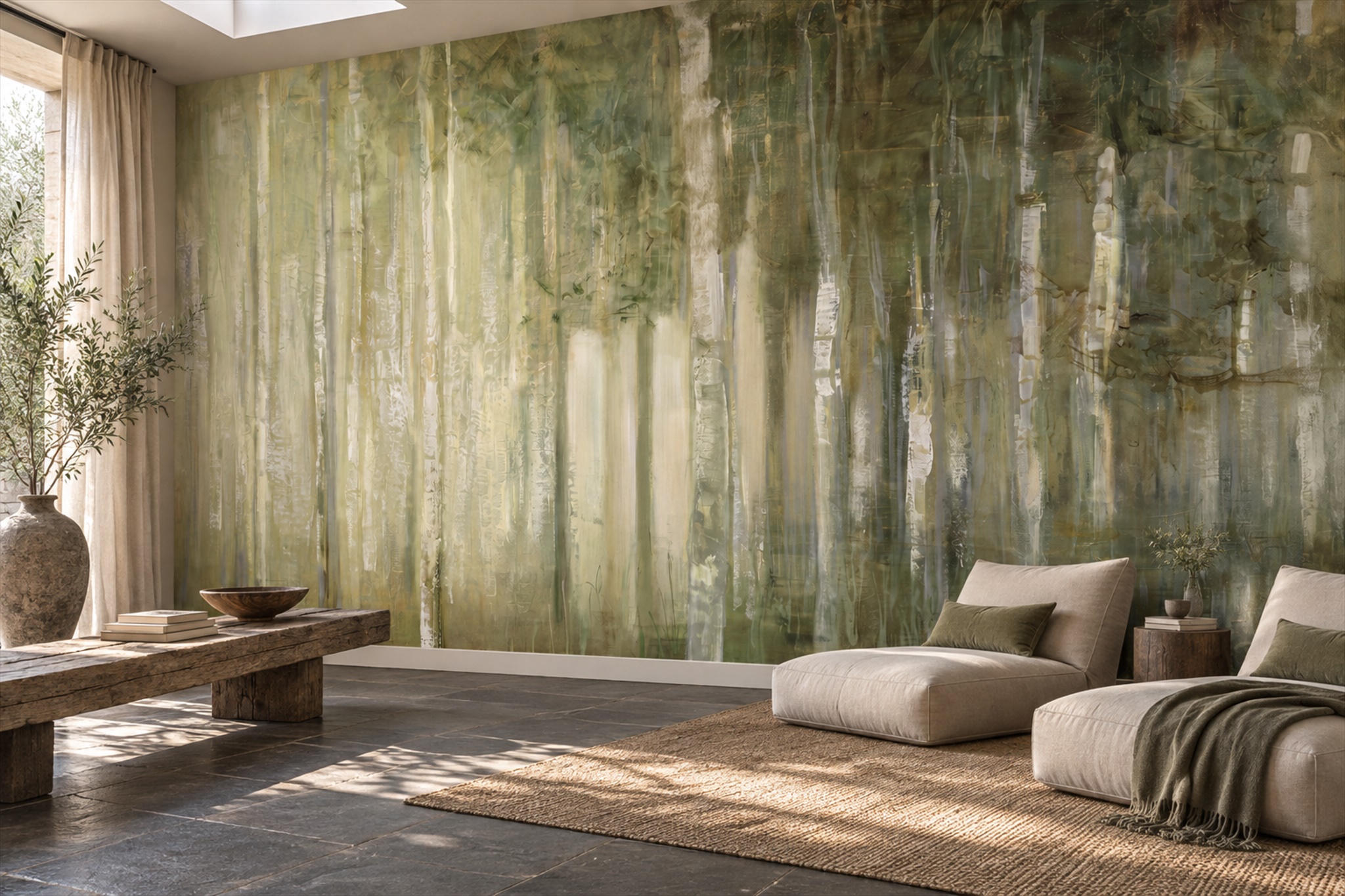 Olive Forest Scenic Layered Wallpaper Mural Home-office-wallpaper-murals, Shown In A Home Office, Peel-and-stick Finish