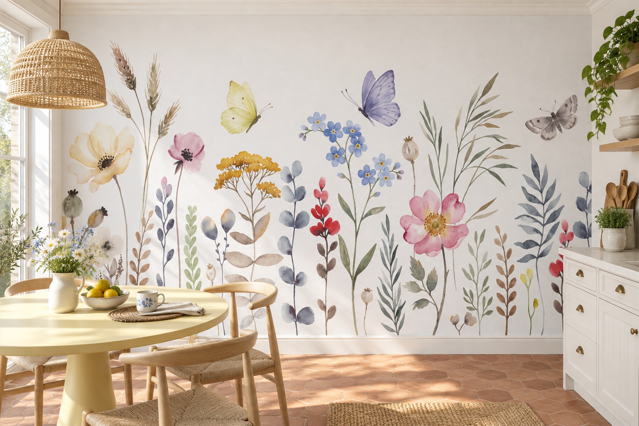 Pastel Wildflowers And Butterflies Wallpaper Mural — Wallpaper Mural Design, Peel-and-stick Finish