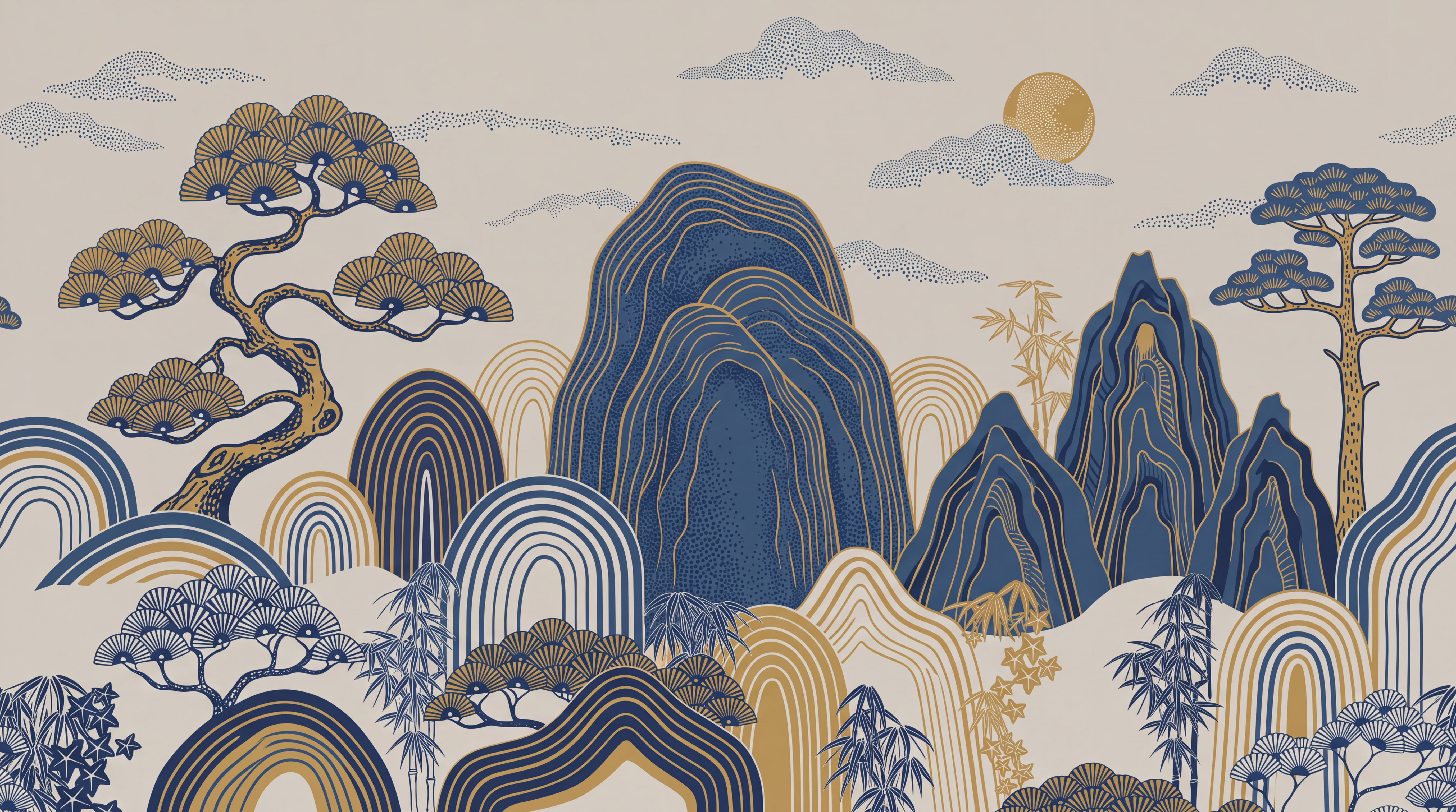 Blue Mountain Scenic Painterly Wallpaper Mural, Peel-and-stick Finish