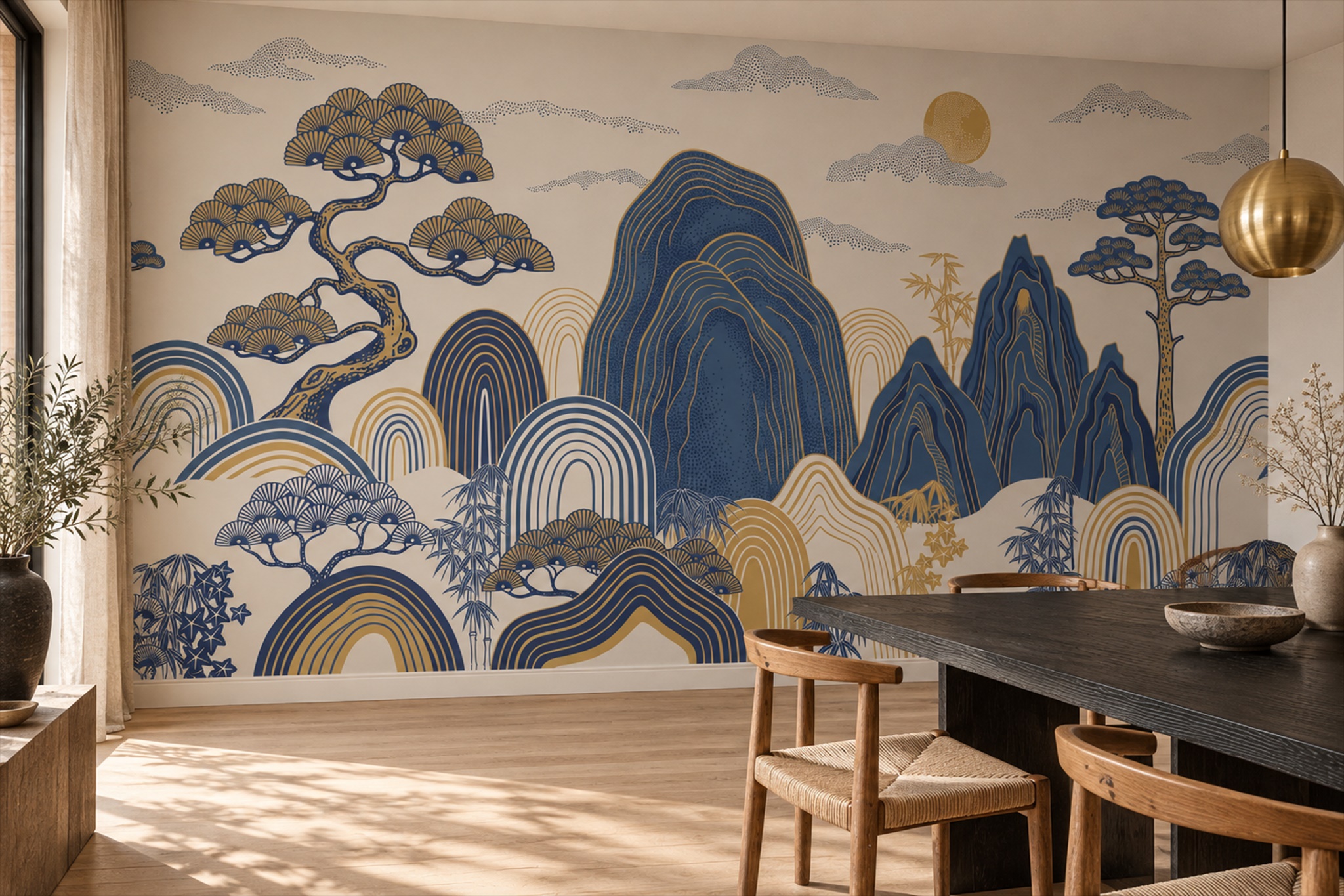 Blue Mountain Scenic Painterly Wallpaper Mural Dining-room-wallpaper-murals, Shown In A Dining Room, Peel-and-stick Finish
