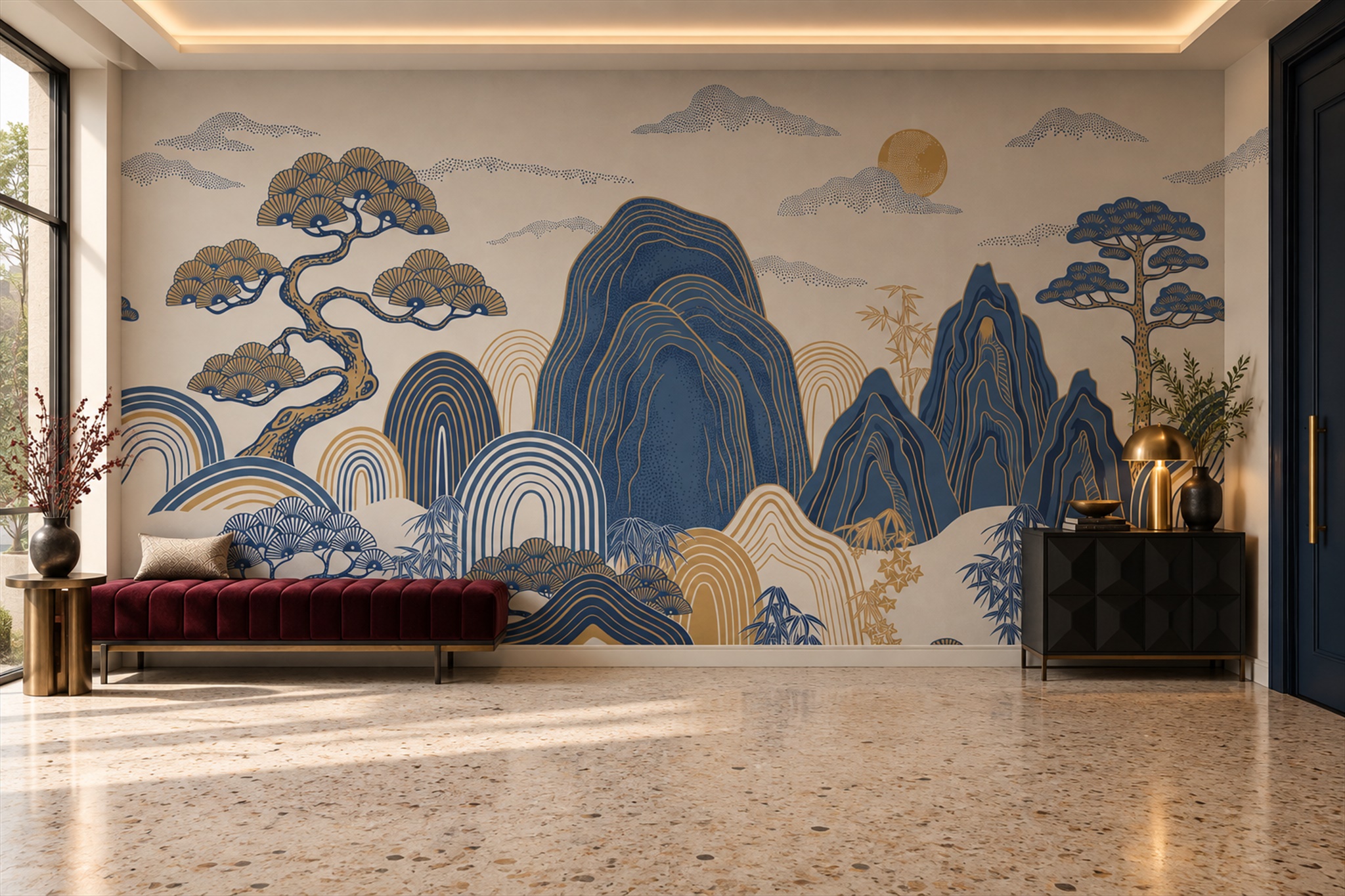 Blue Mountain Scenic Painterly Wallpaper Mural Accent-wall-wallpaper-murals, Peel-and-stick Finish