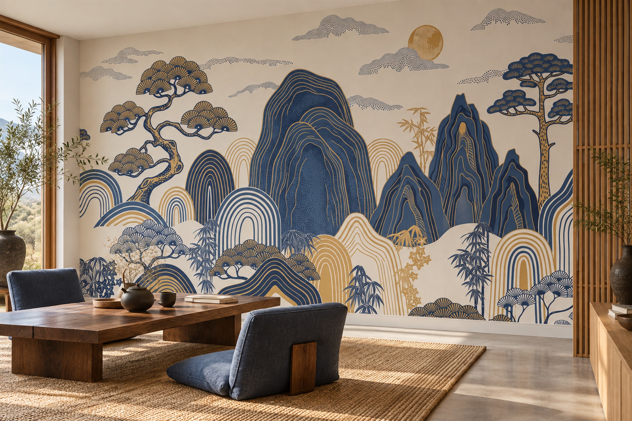 Blue Mountain Scenic Painterly Wallpaper Mural Accent-wall-wallpaper-murals, Peel-and-stick Finish