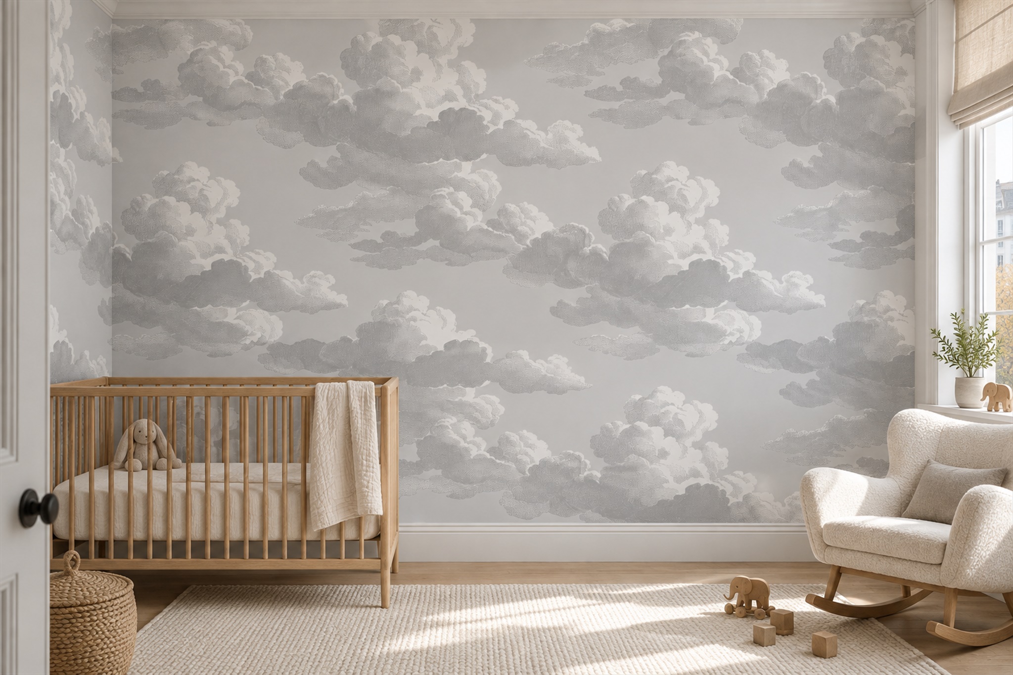 Grey Clouds Artful Abstract Wallpaper Mural Nursery-wallpaper-murals, Peel-and-stick Finish