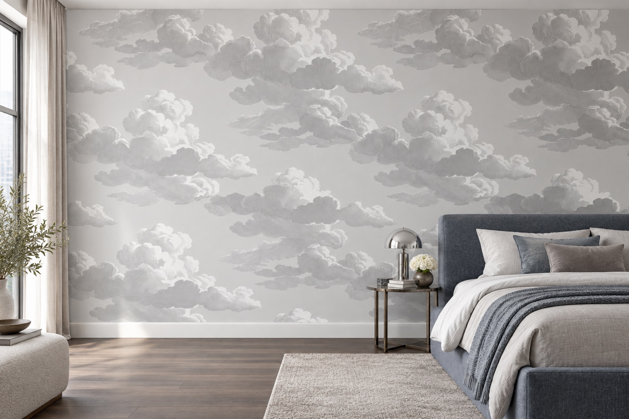 Grey Clouds Artful Abstract Wallpaper Mural Bedroom-wallpaper-murals, Peel-and-stick Finish